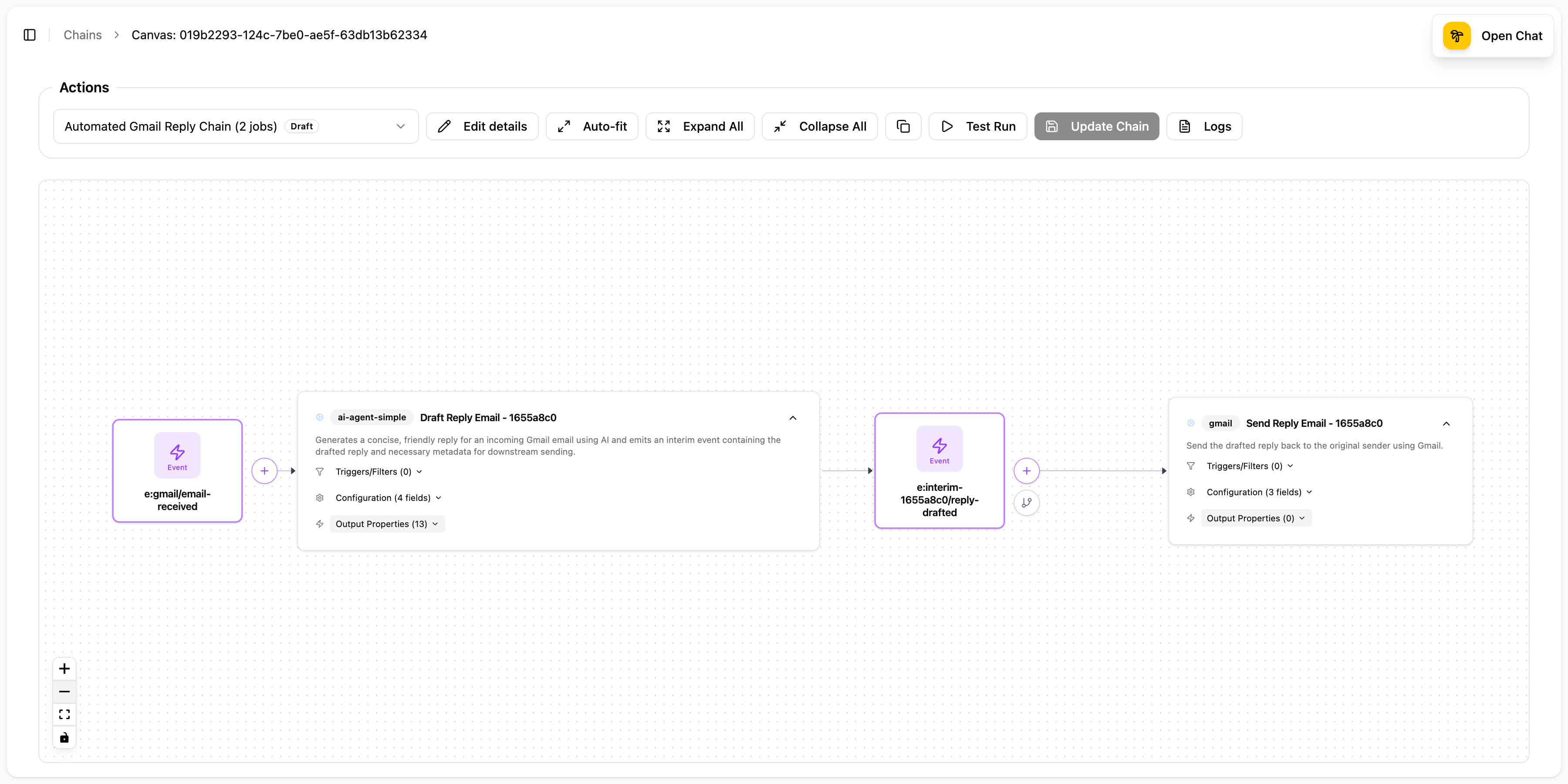 Canvas view showing the complete email auto-reply chain with two jobs: Draft Reply Email and Send Reply Email