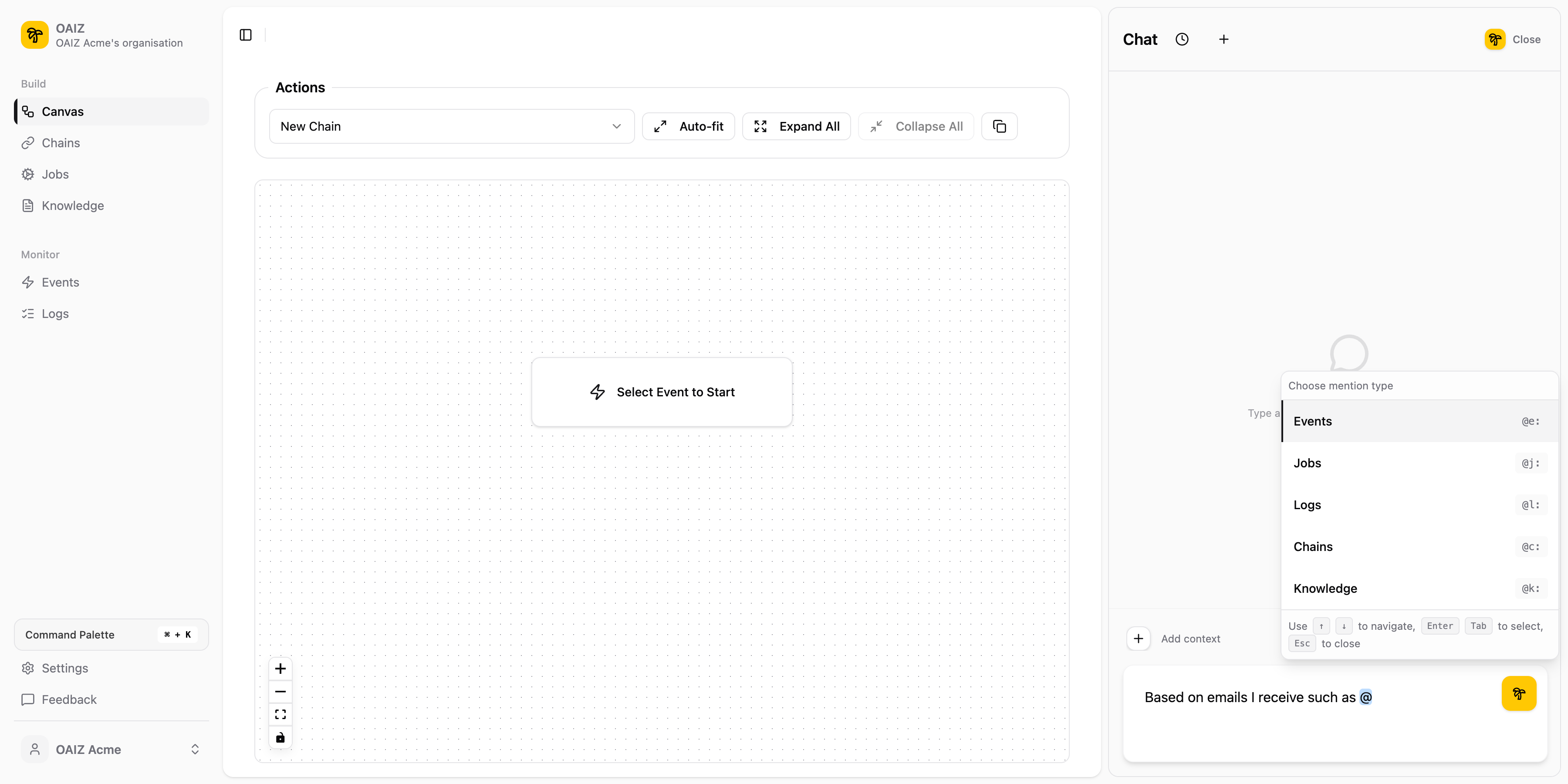 Canvas view with Chat panel showing the @ mention menu for selecting context