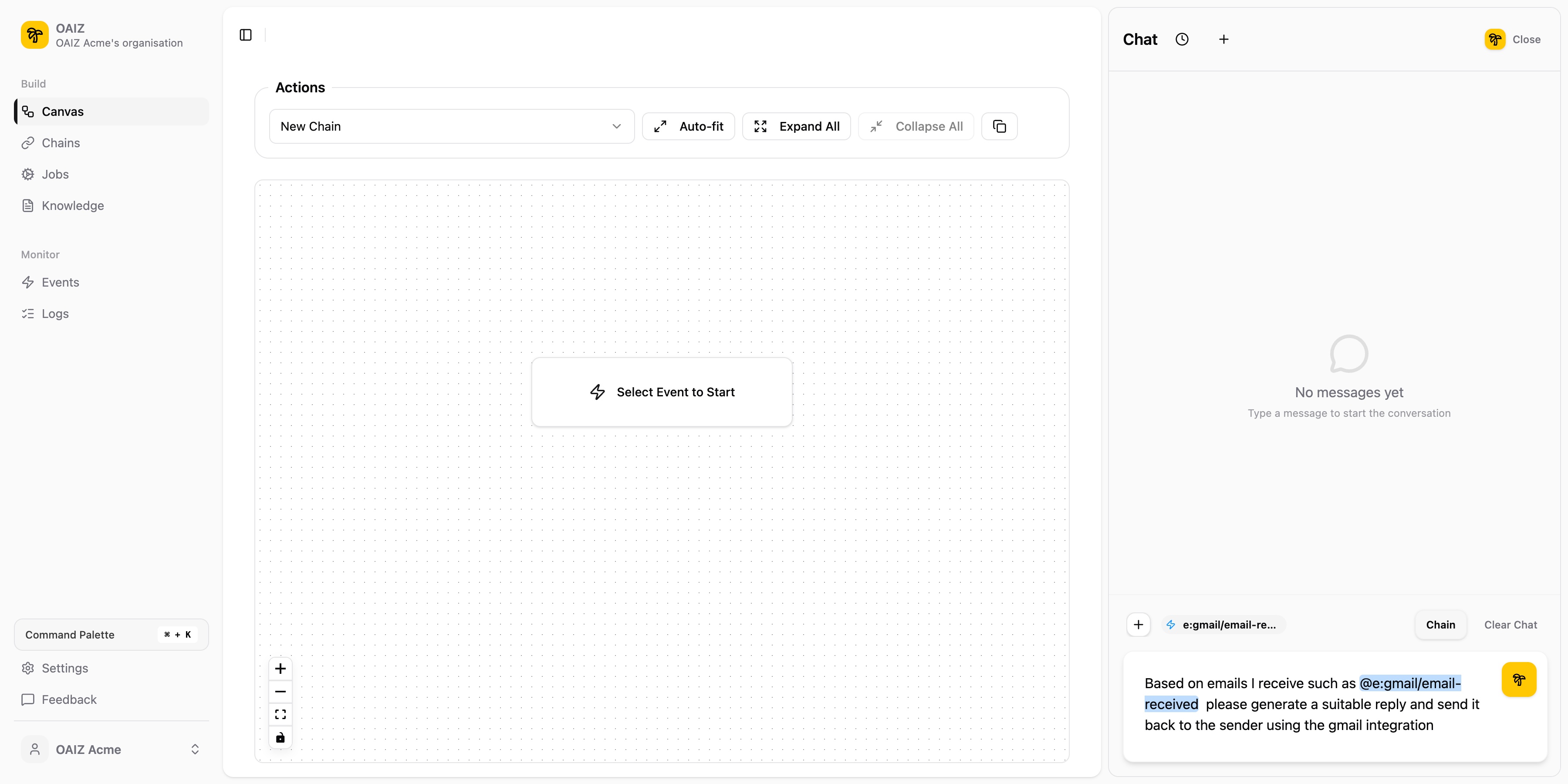 Chat panel with a complete message ready to generate an email auto-reply chain
