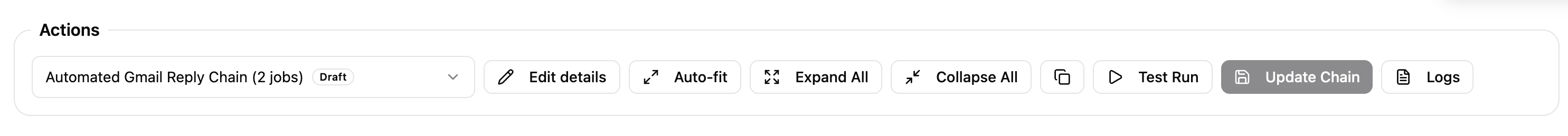 Actions toolbar showing chain name, Edit details, Auto-fit, Test Run, Update Chain, and Logs buttons