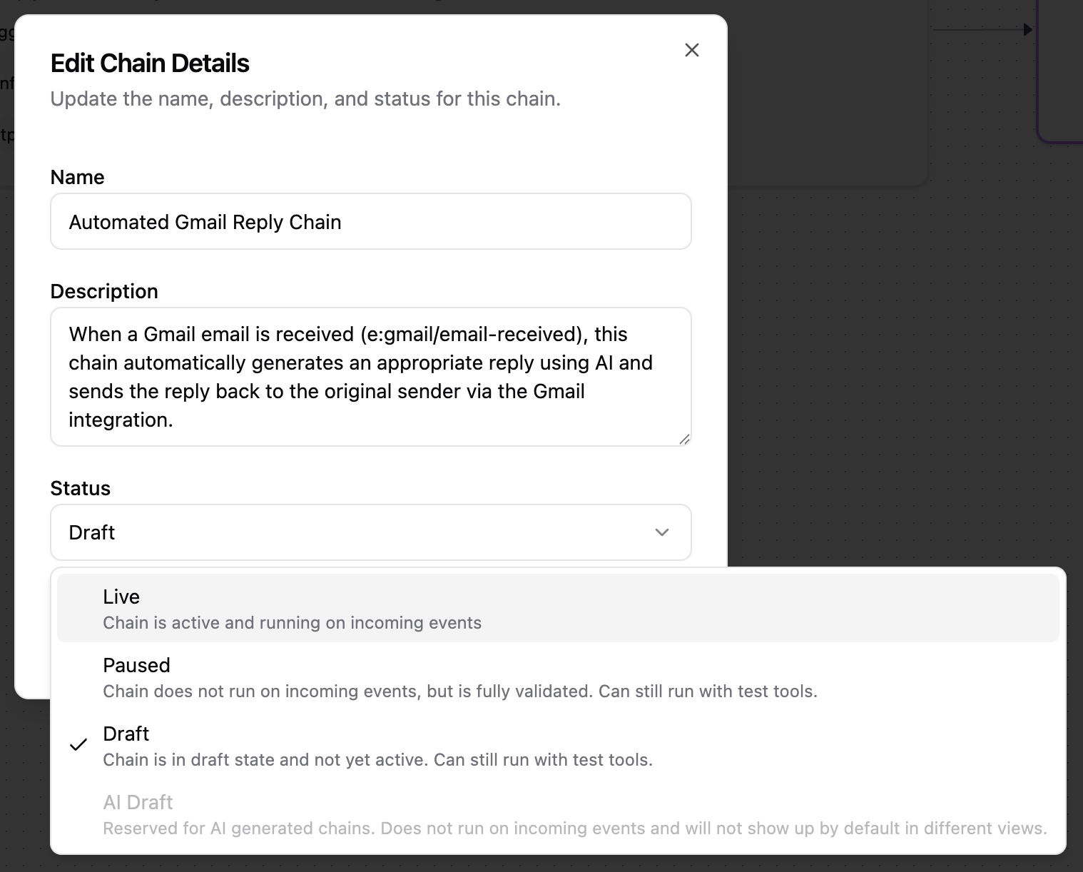 Edit Chain Details modal showing status dropdown with Live, Paused, Draft, and AI Draft options