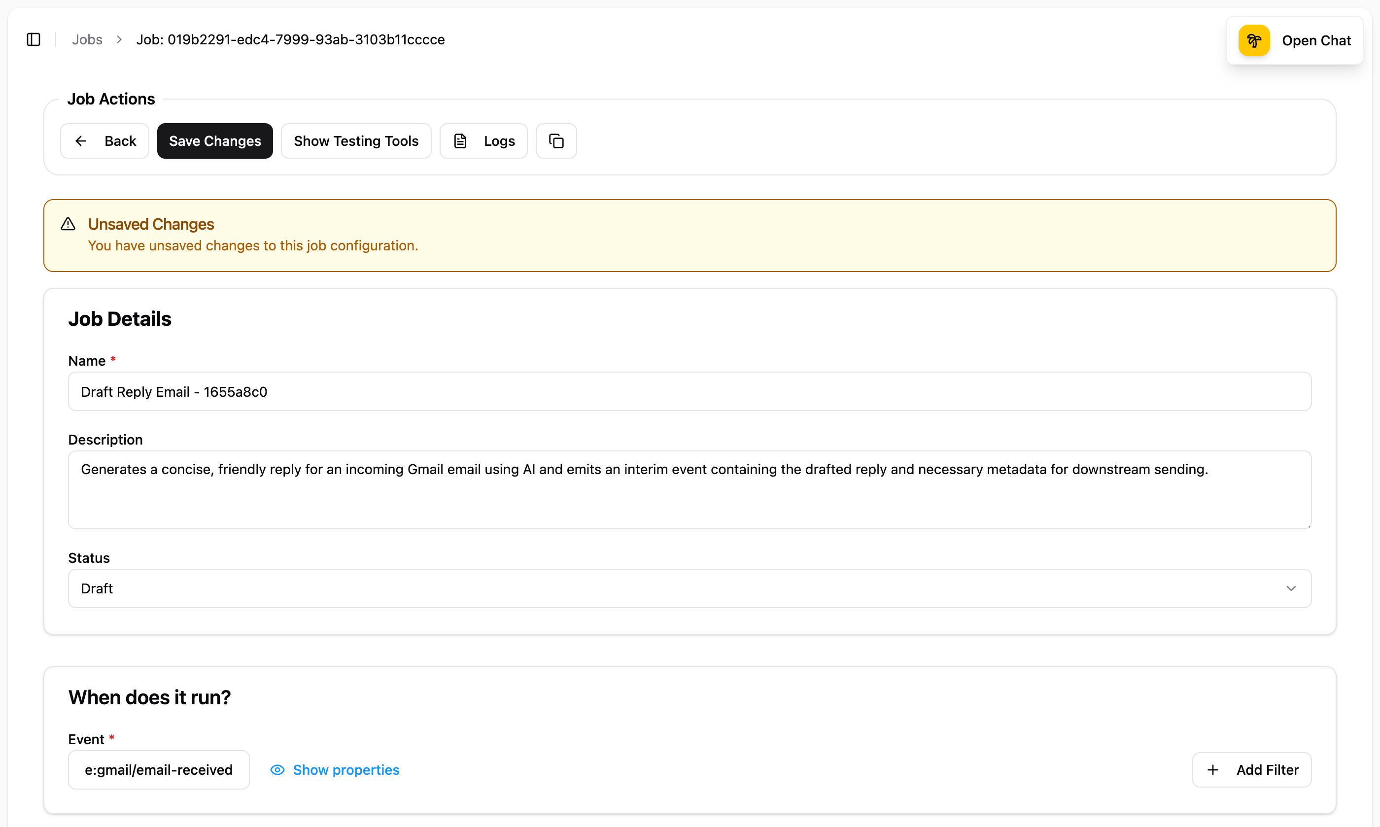 Job Details section showing the Draft Reply Email job with name, description, Draft status, and trigger event