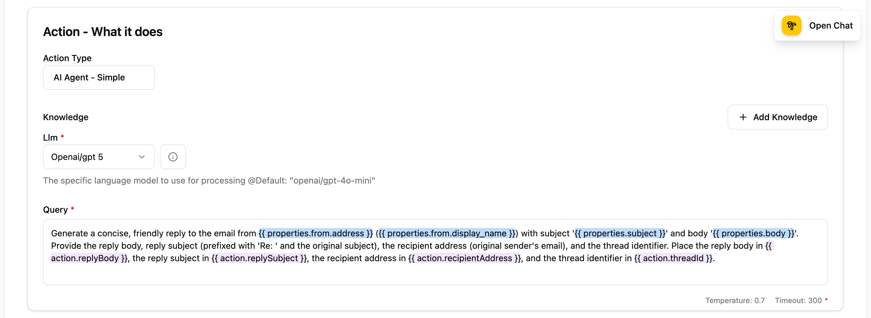 Action configuration showing AI Agent - Simple with LLM selection and query prompt using property references