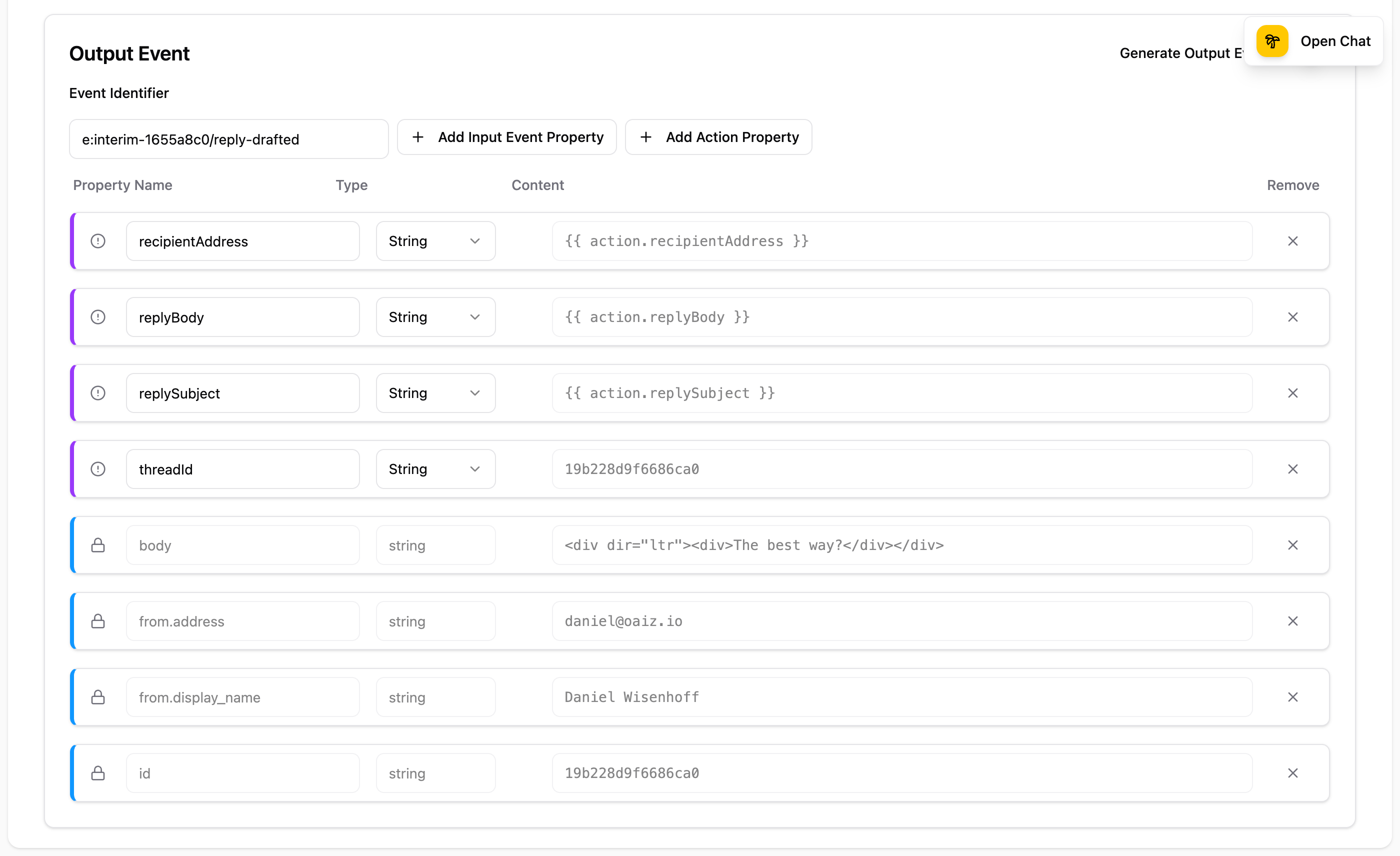 Output Event configuration showing property mappings from AI action results to output event properties