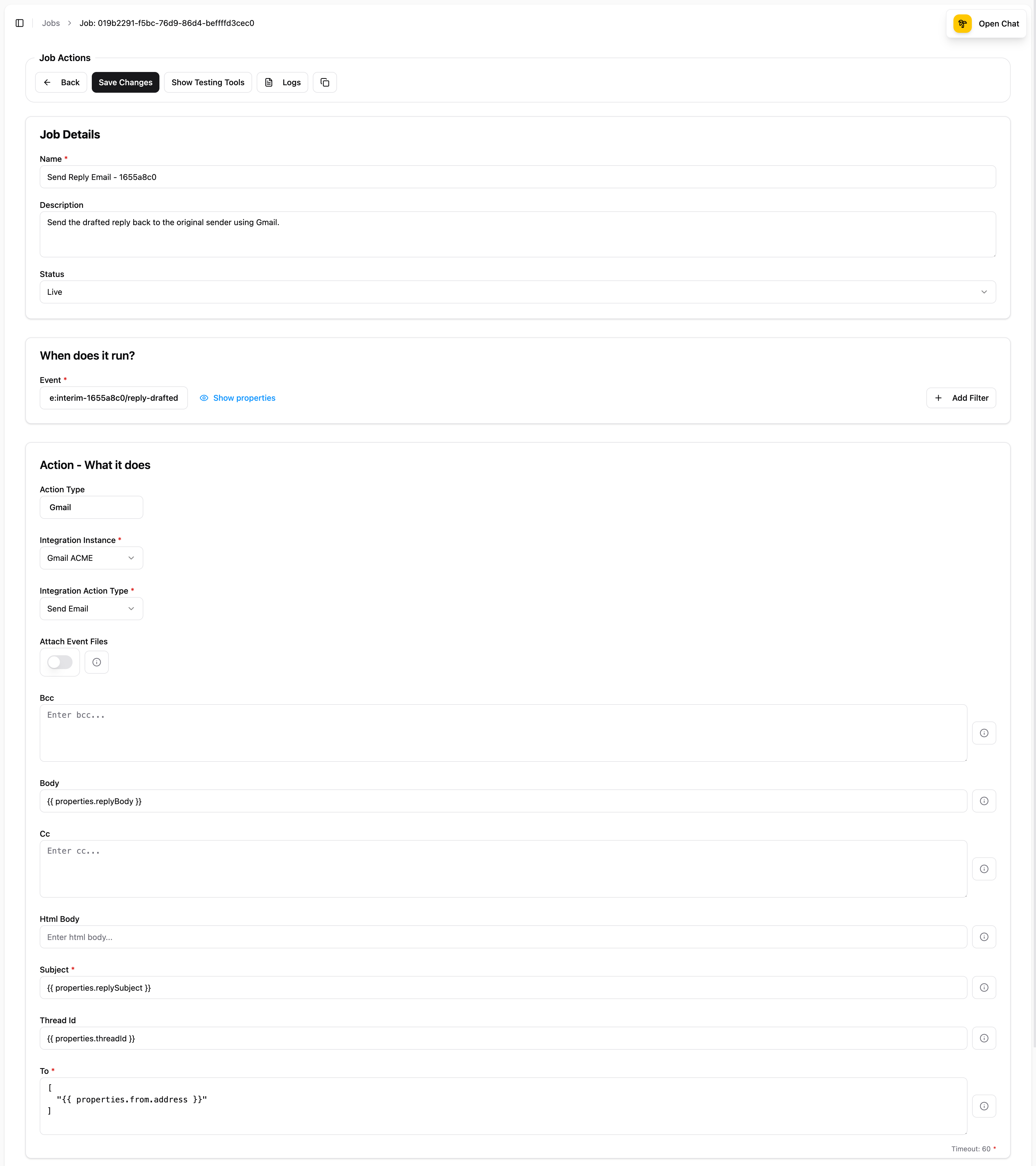 Gmail Send Email action configuration with Body, Subject, and To fields using property references from the previous job