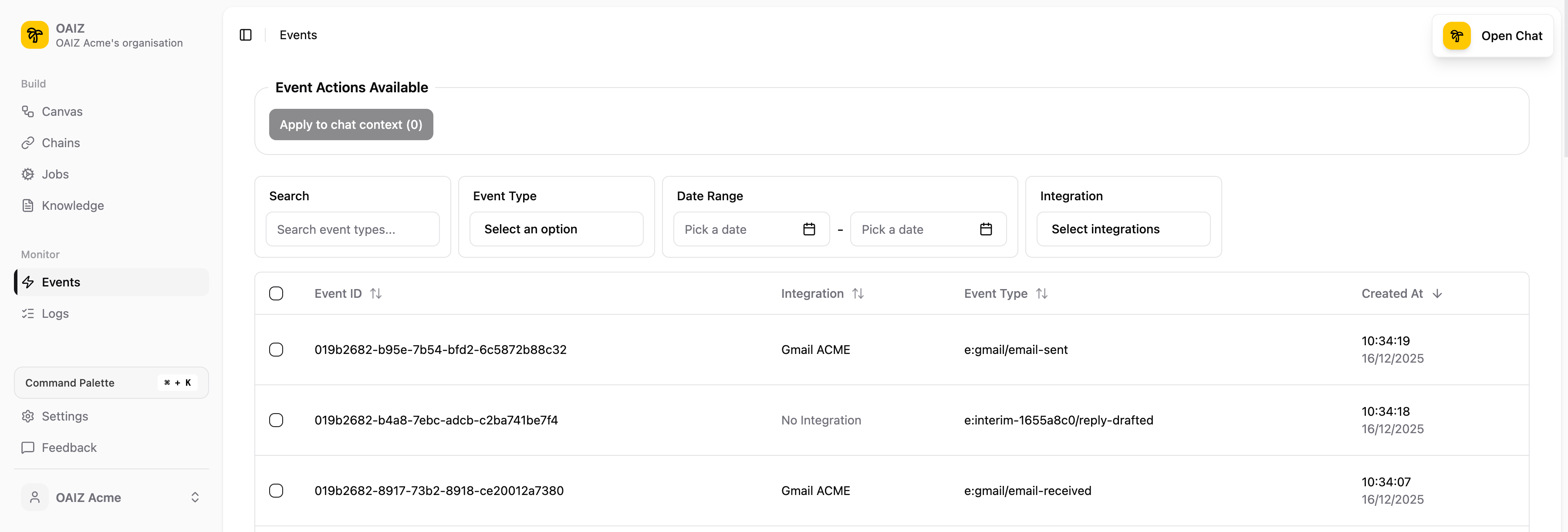 Events view showing the Gmail received event and the interim reply-drafted event