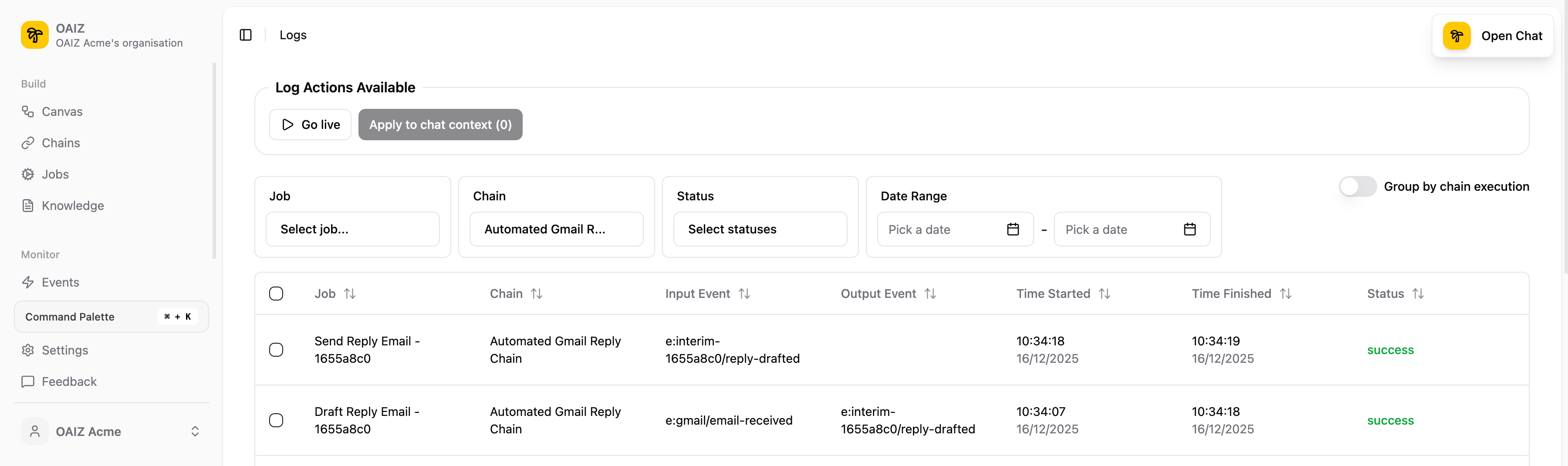 Logs view showing successful executions of Draft Reply Email and Send Reply Email jobs