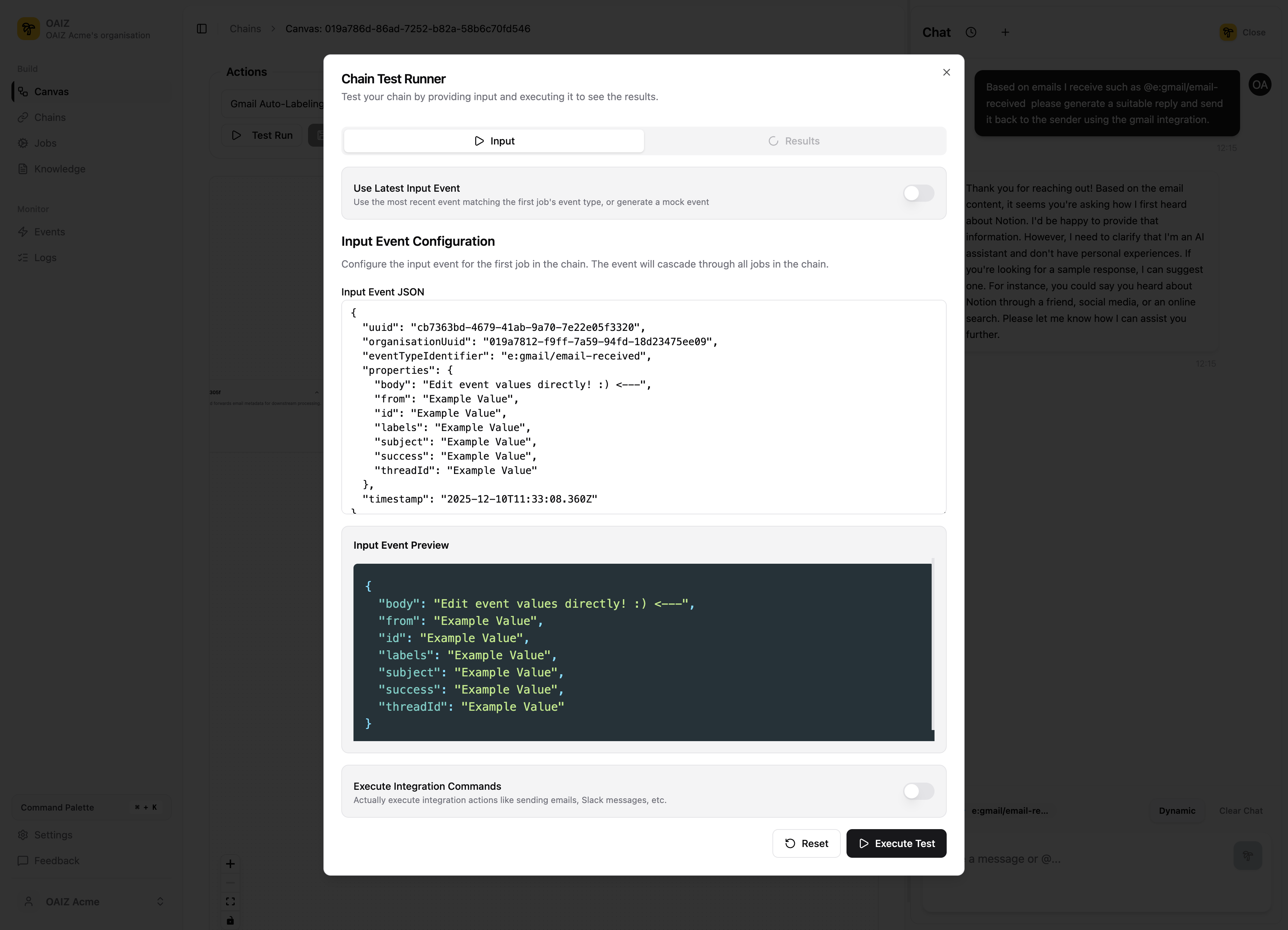 Chain Test Runner showing the Input tab with editable event JSON and input event preview