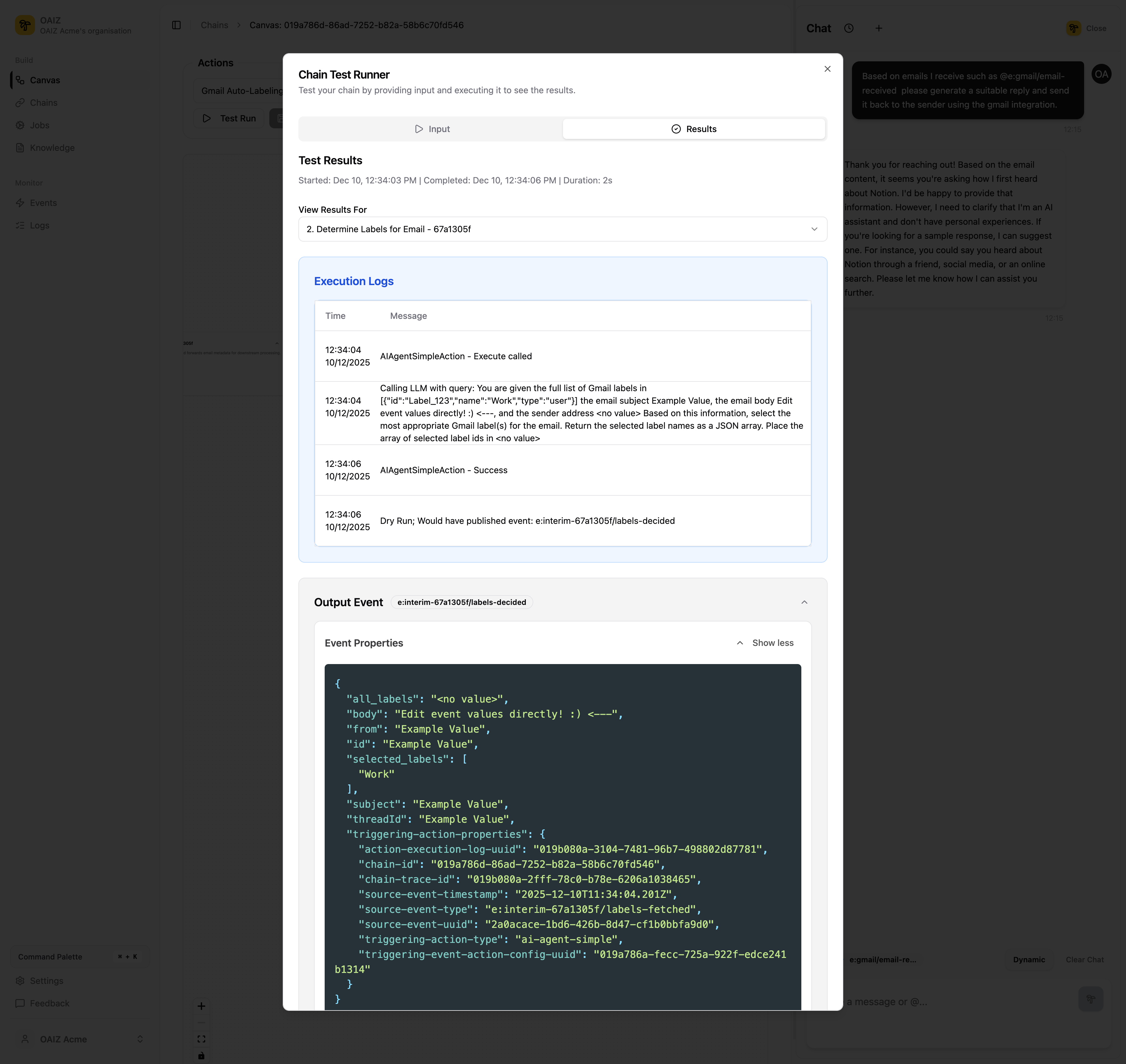 Chain Test Runner showing the Results tab with execution logs and output event properties