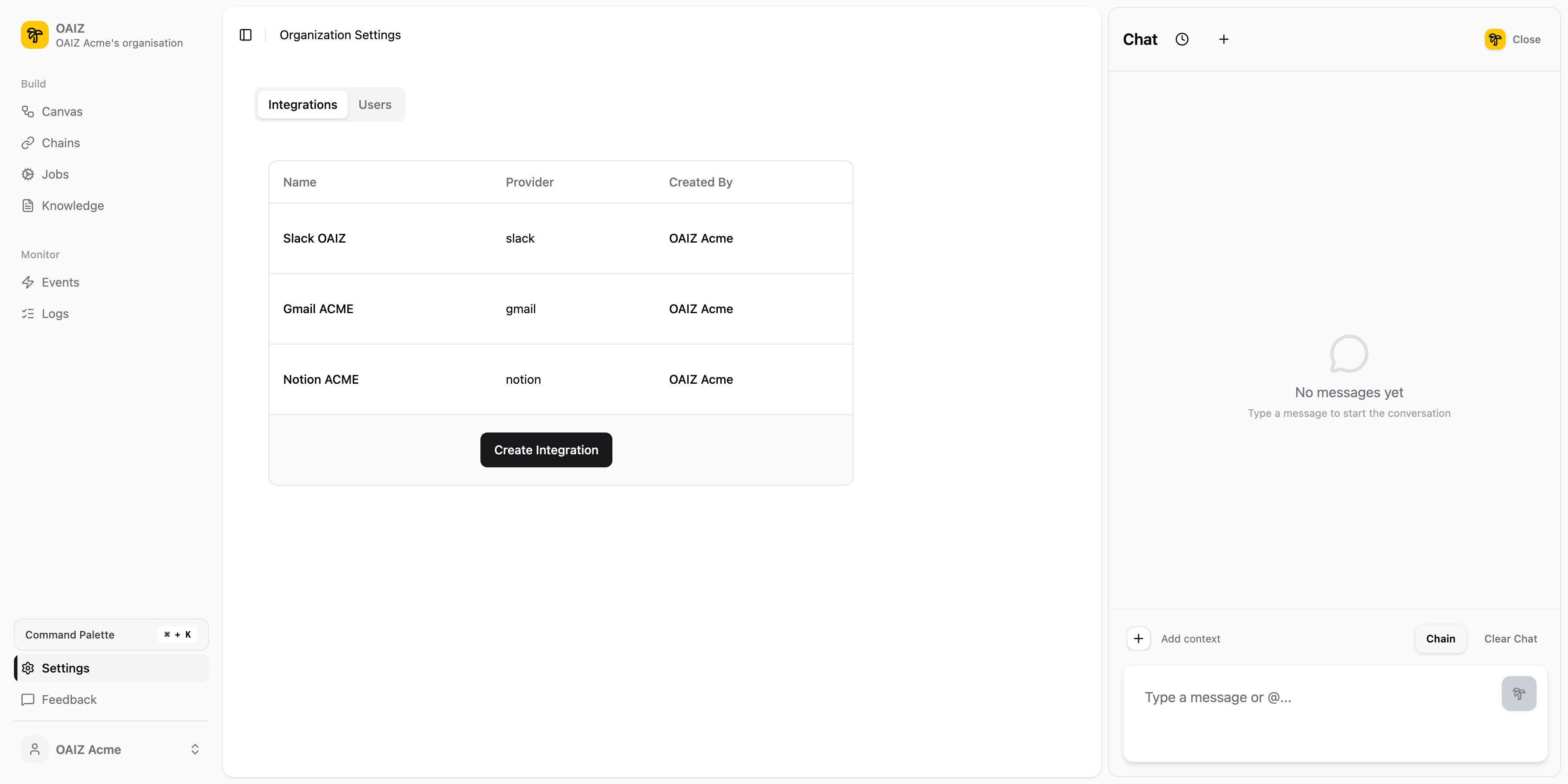 Settings page showing the Integrations tab with connected services and Create Integration button
