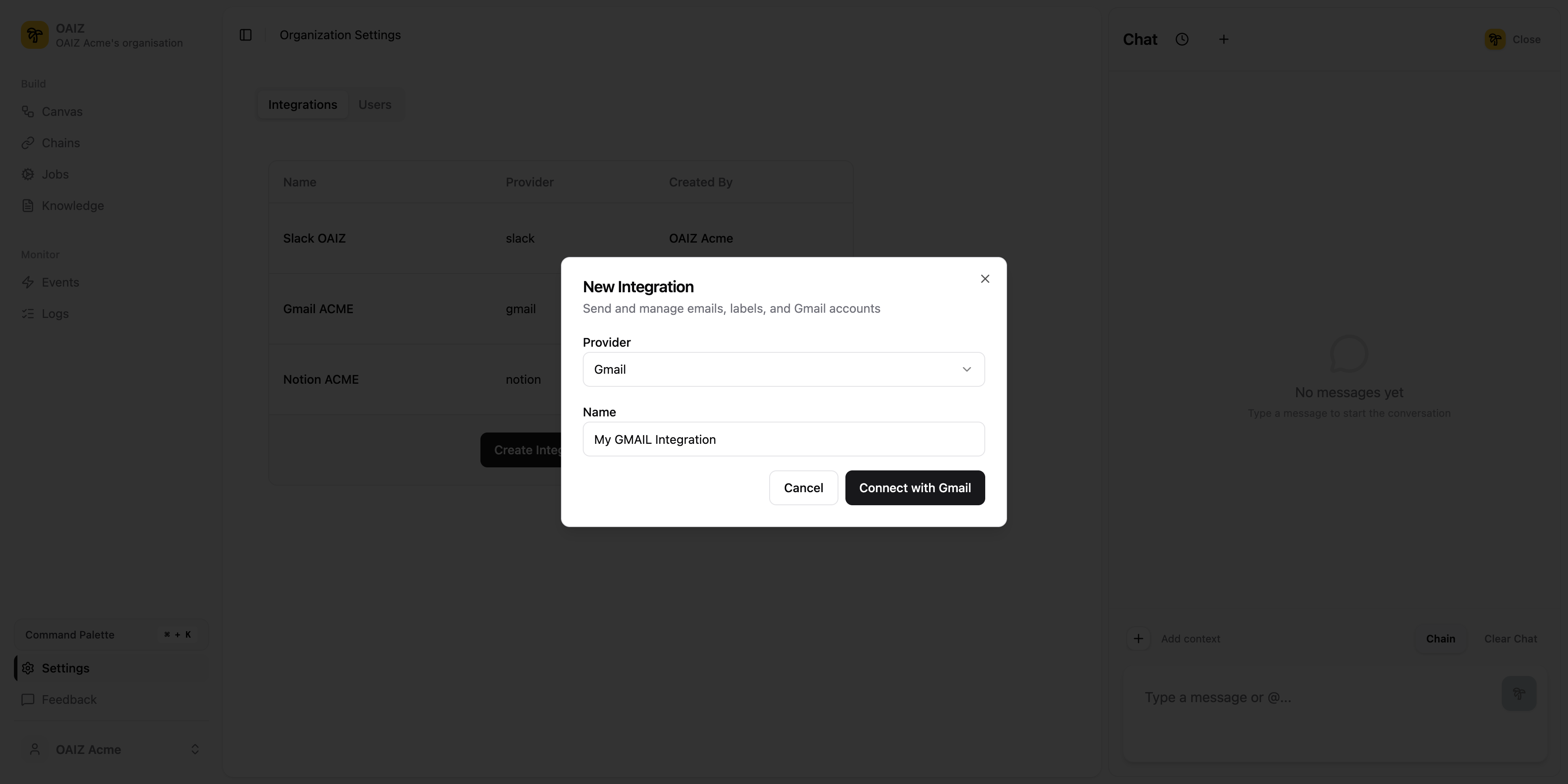 New Integration modal with Gmail selected as the provider