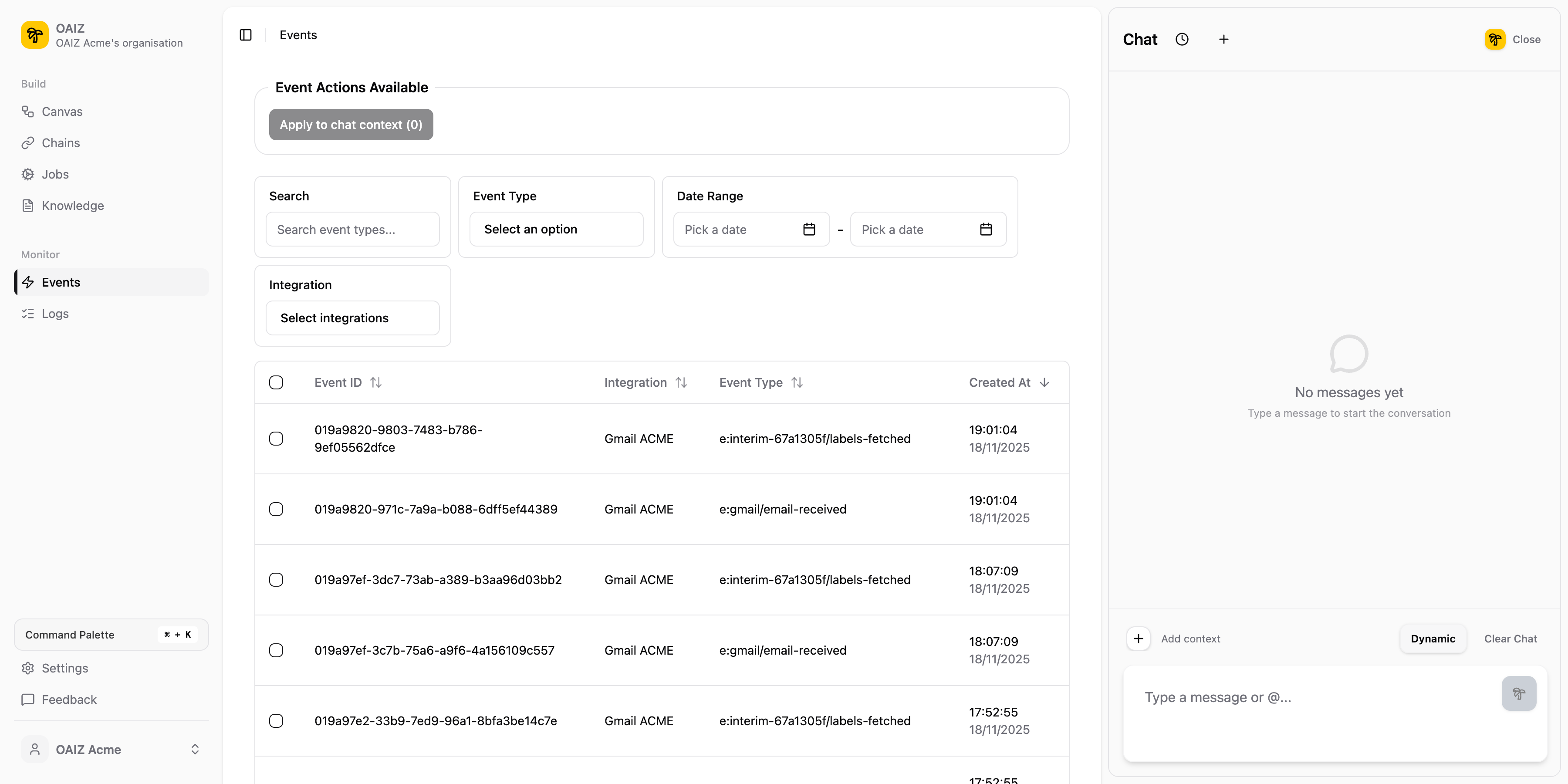 Events view showing ingested Gmail events with event types and timestamps