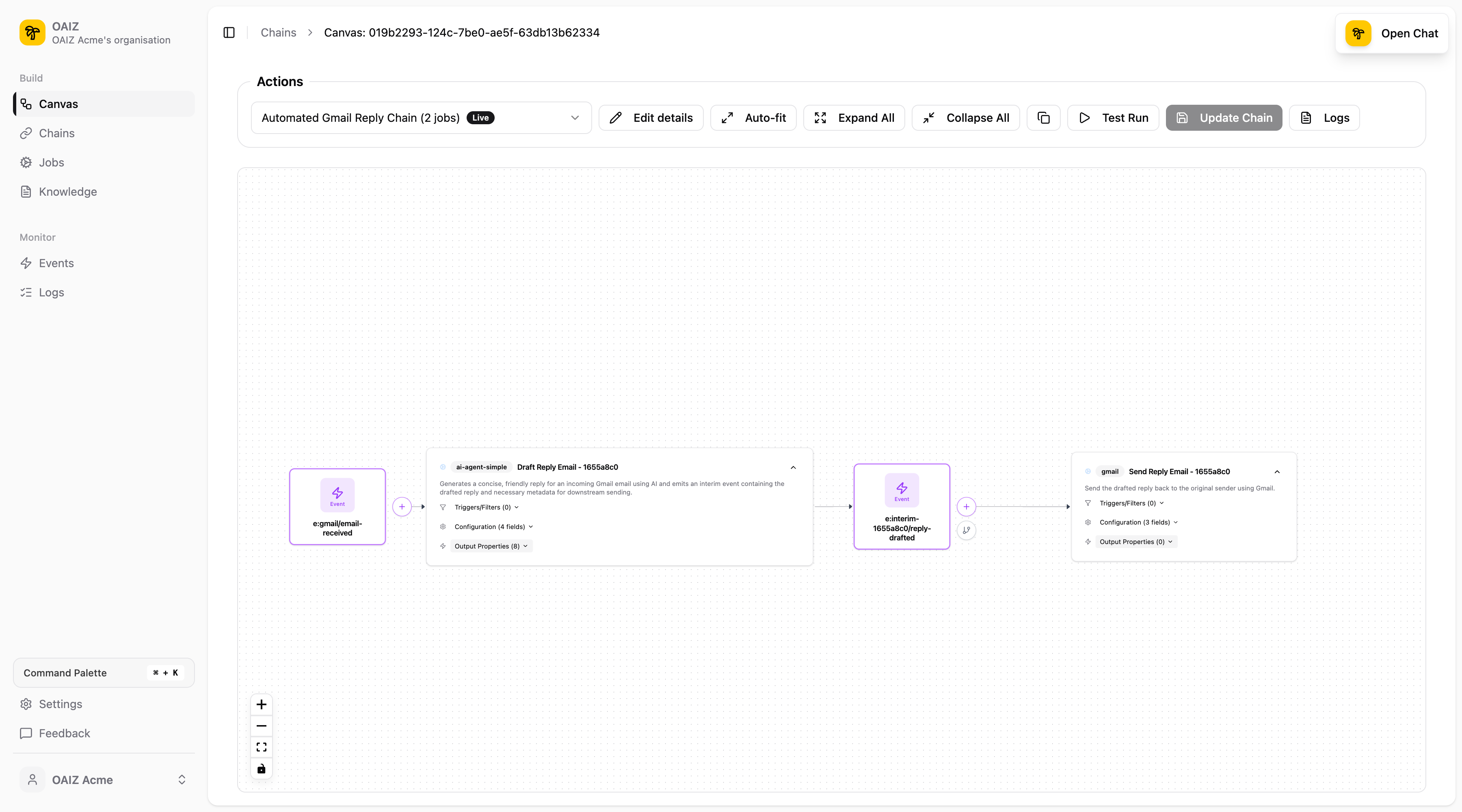 Canvas view showing the visual workflow builder with Actions area, chain nodes, and Chat panel