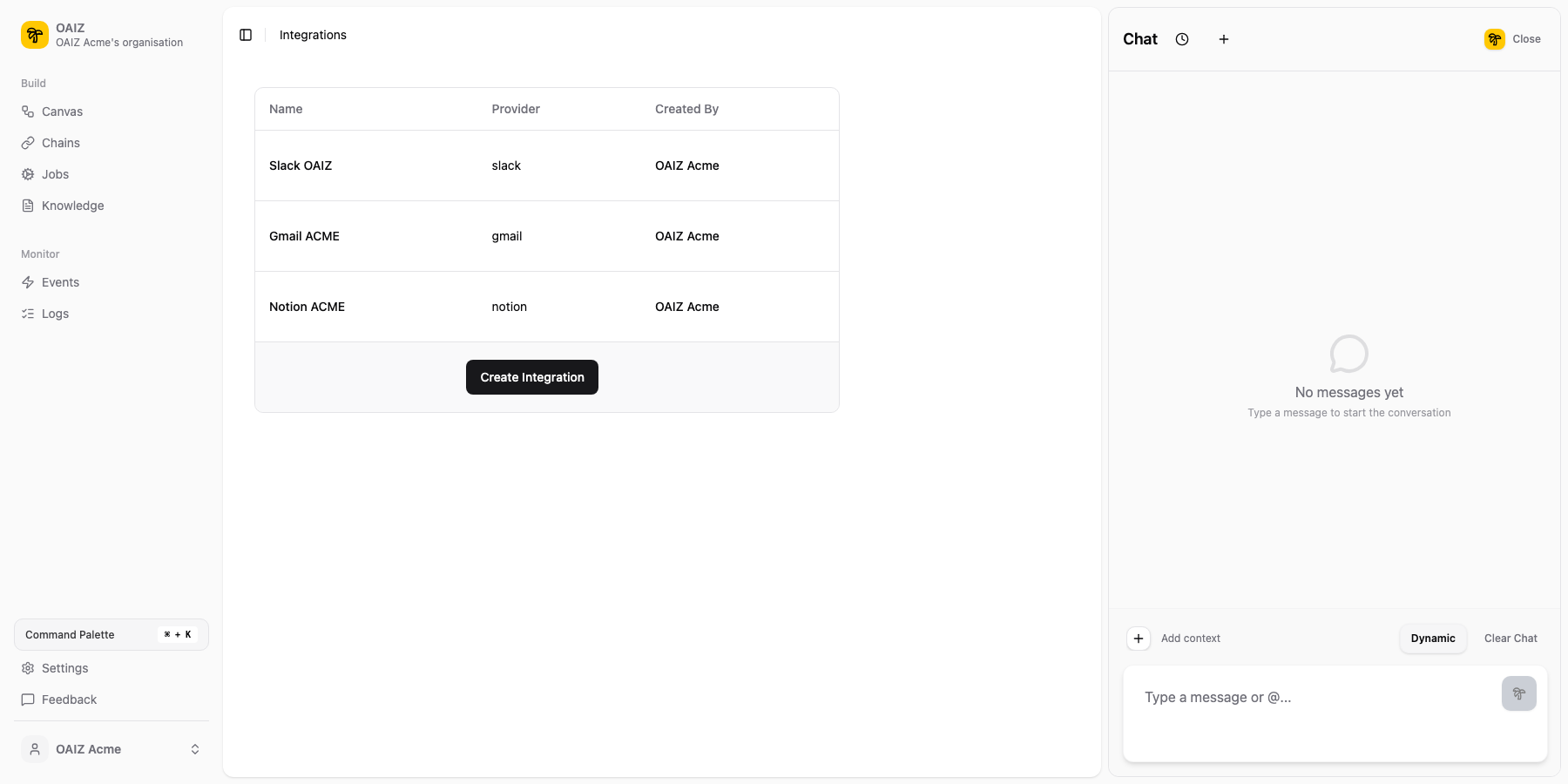 Integrations view showing connected integrations including GitHub, Gmail, Slack, Monday, and Supabase