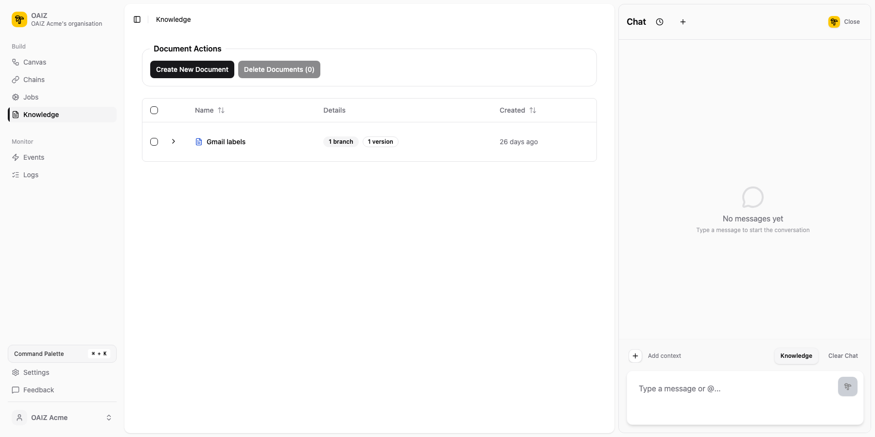 Knowledge view showing Document Actions area and documents list with branch and version info