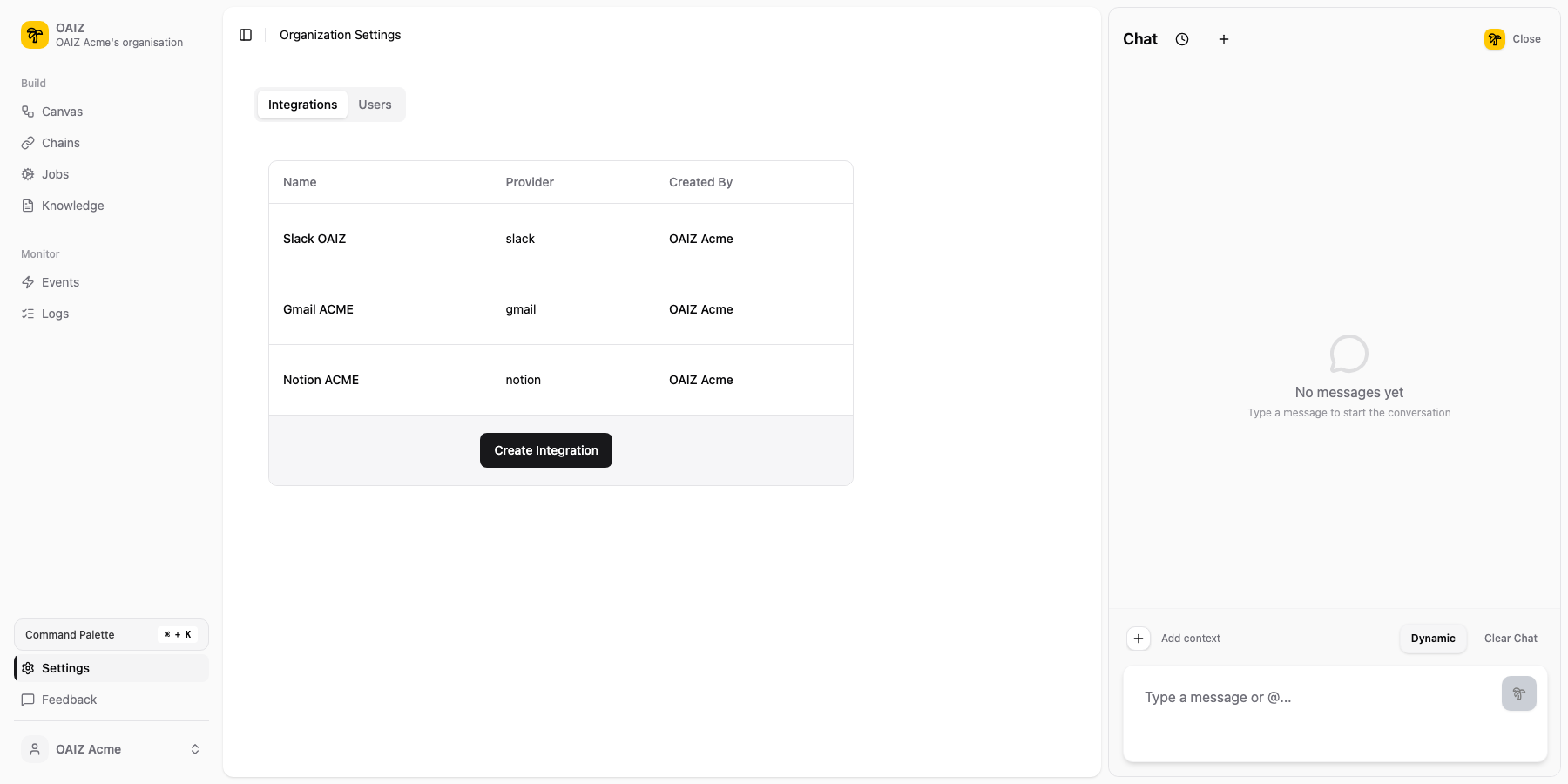 Settings view showing Integrations and Users tabs with connected integrations list