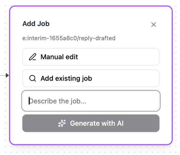 Add Job panel showing Manual edit, Add existing job, and Generate with AI options