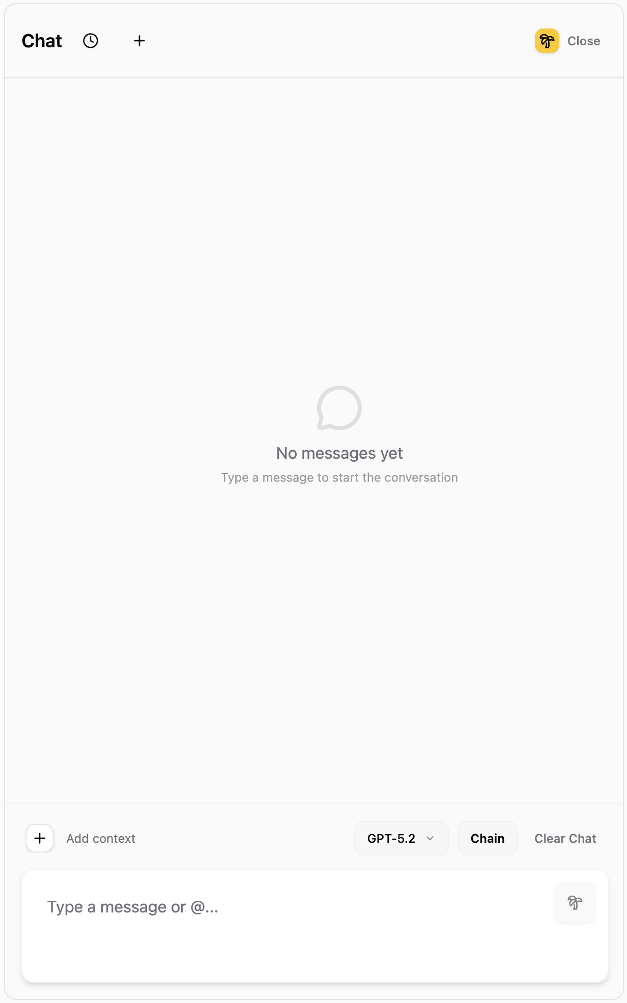 Empty chat panel showing the input area with Add context button, model selector, mode selector, and Clear Chat button