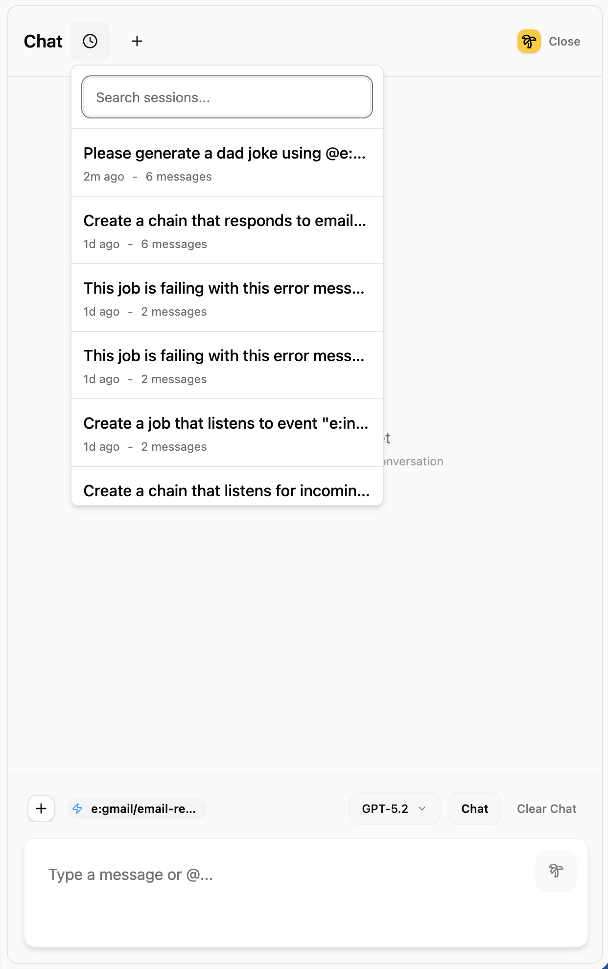 Chat history panel showing searchable list of past sessions with timestamps and message counts