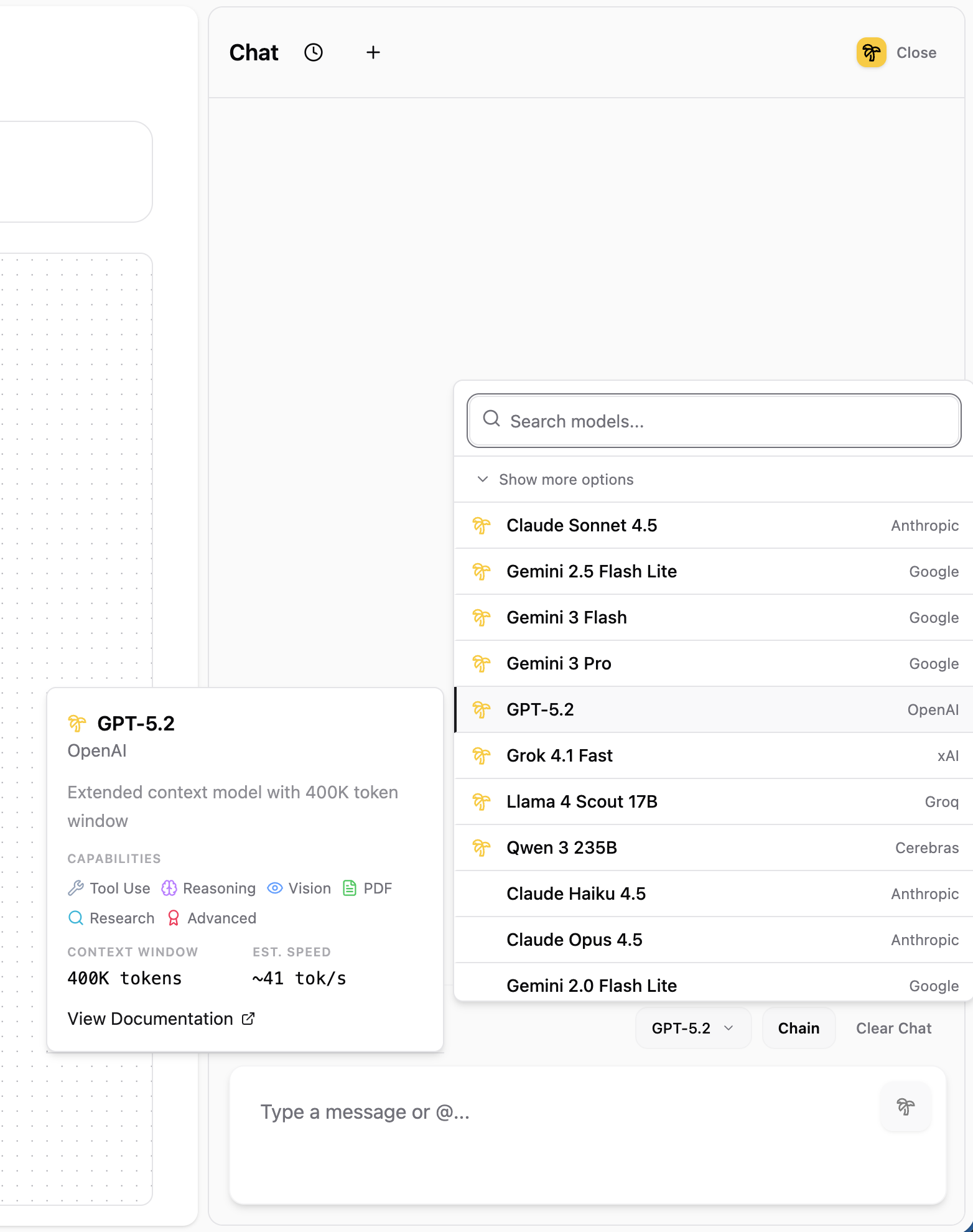 LLM model selector dropdown showing available models from OpenAI, Anthropic, Google, and other providers with capability details
