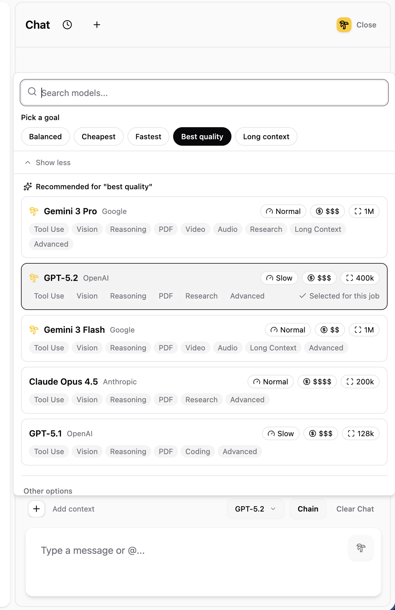 Model selector expanded view with goal filters (Balanced, Cheapest, Fastest, Best quality, Long context) and detailed model cards
