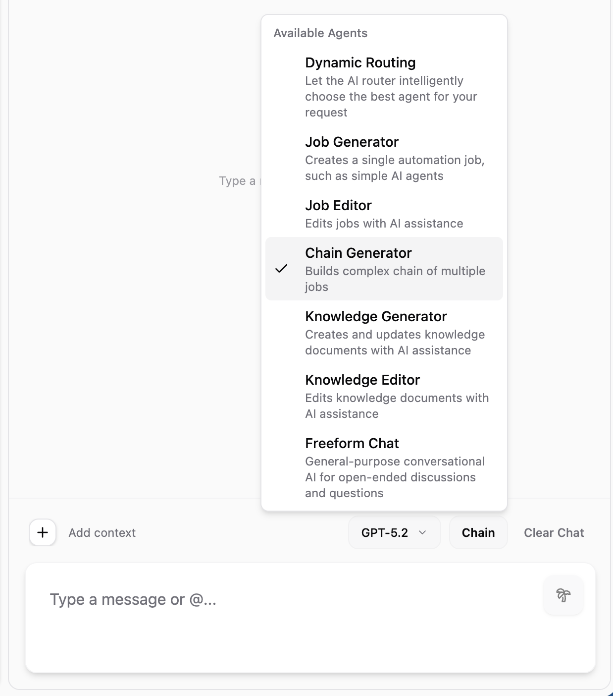 Available Agents dropdown showing Dynamic Routing, Job Generator, Job Editor, Chain Generator, Knowledge Generator, Knowledge Editor, and Freeform Chat options