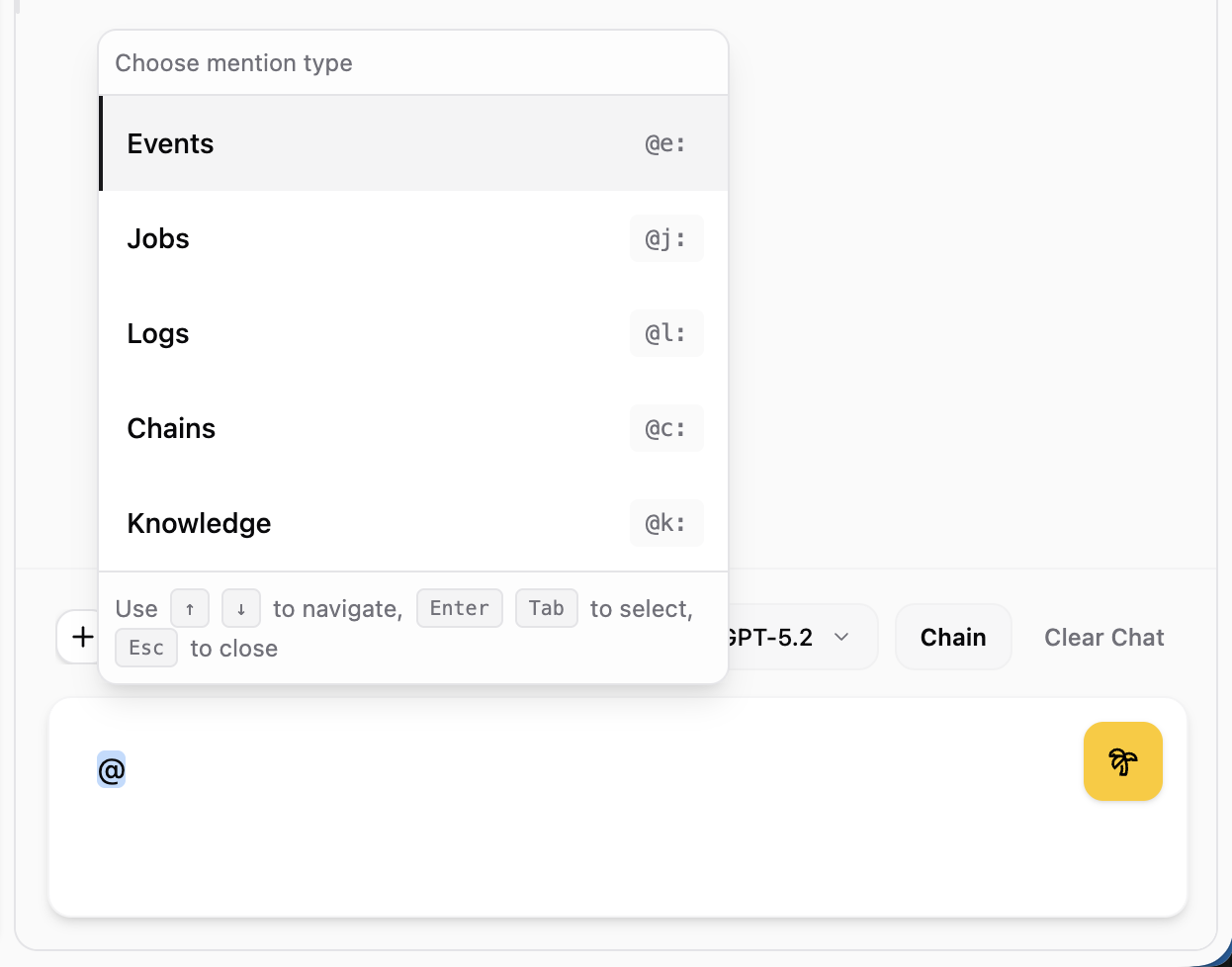 Context mention menu showing Events (@e:), Jobs (@j:), Logs (@l:), Chains (@c:), and Knowledge (@k:) options with keyboard shortcuts