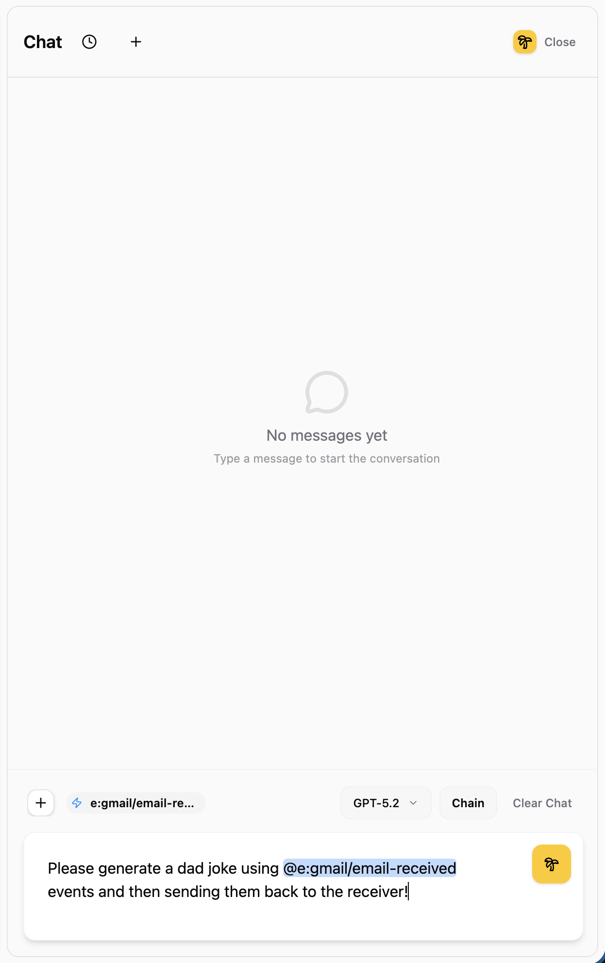 Chat input with a prompt to generate a dad joke chain using @e:gmail/email-received event context