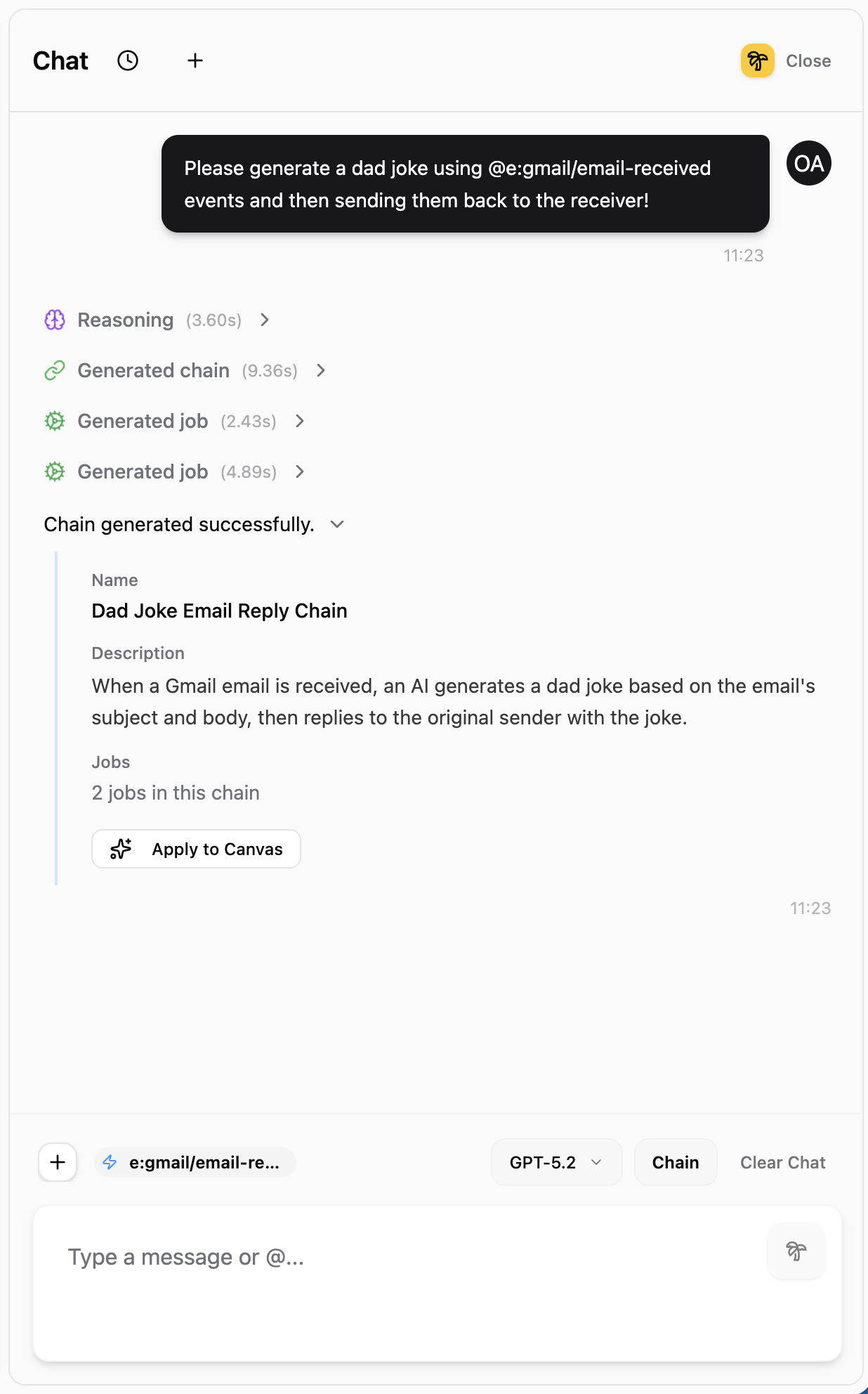 Chat showing completed generation with Reasoning, Generated chain, and Generated job steps, plus chain summary with Name, Description, Jobs count, and Apply to Canvas button