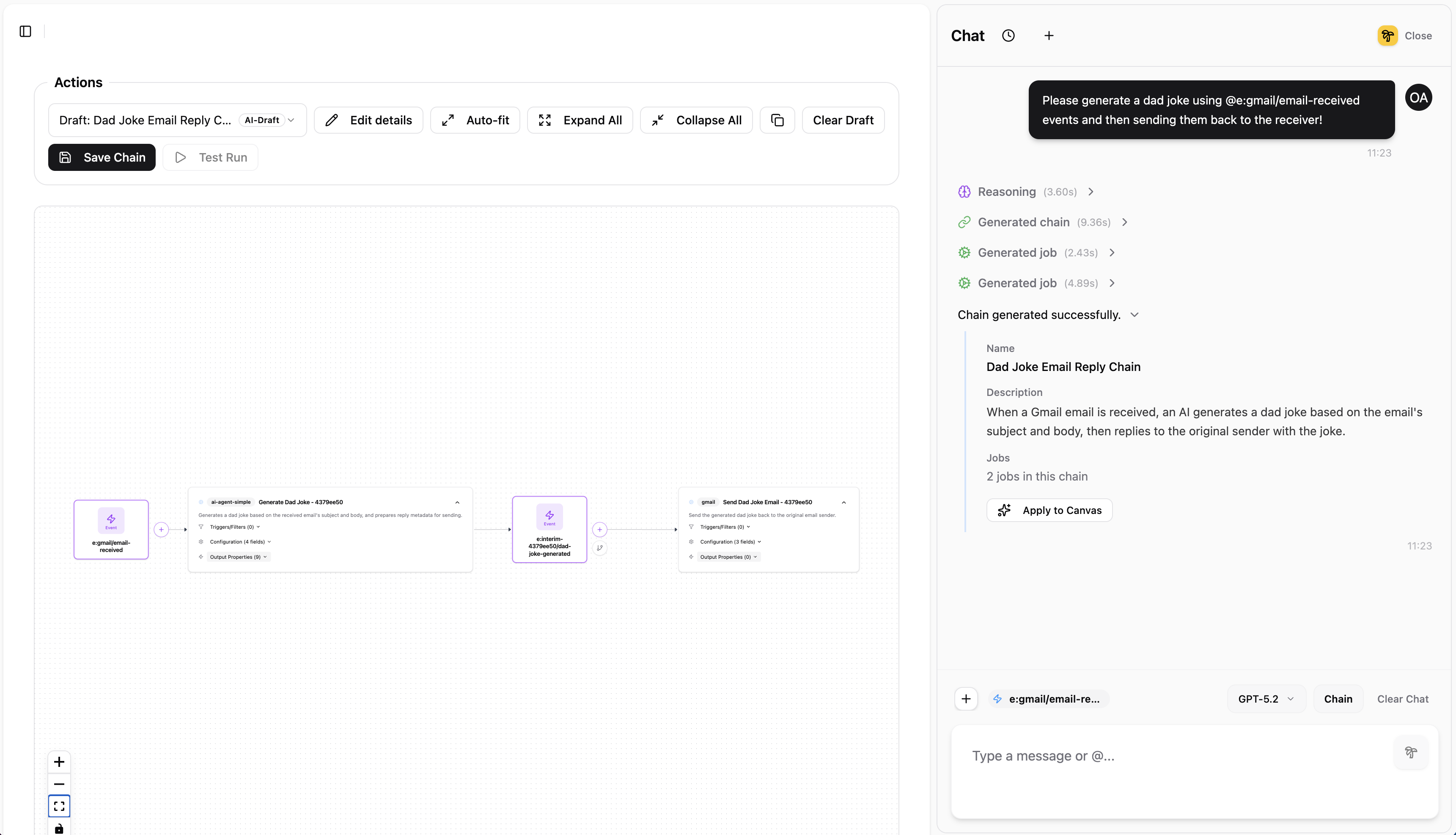 Full view showing generated chain on Canvas with event node, two job nodes, and interim event, alongside Chat panel with generation results