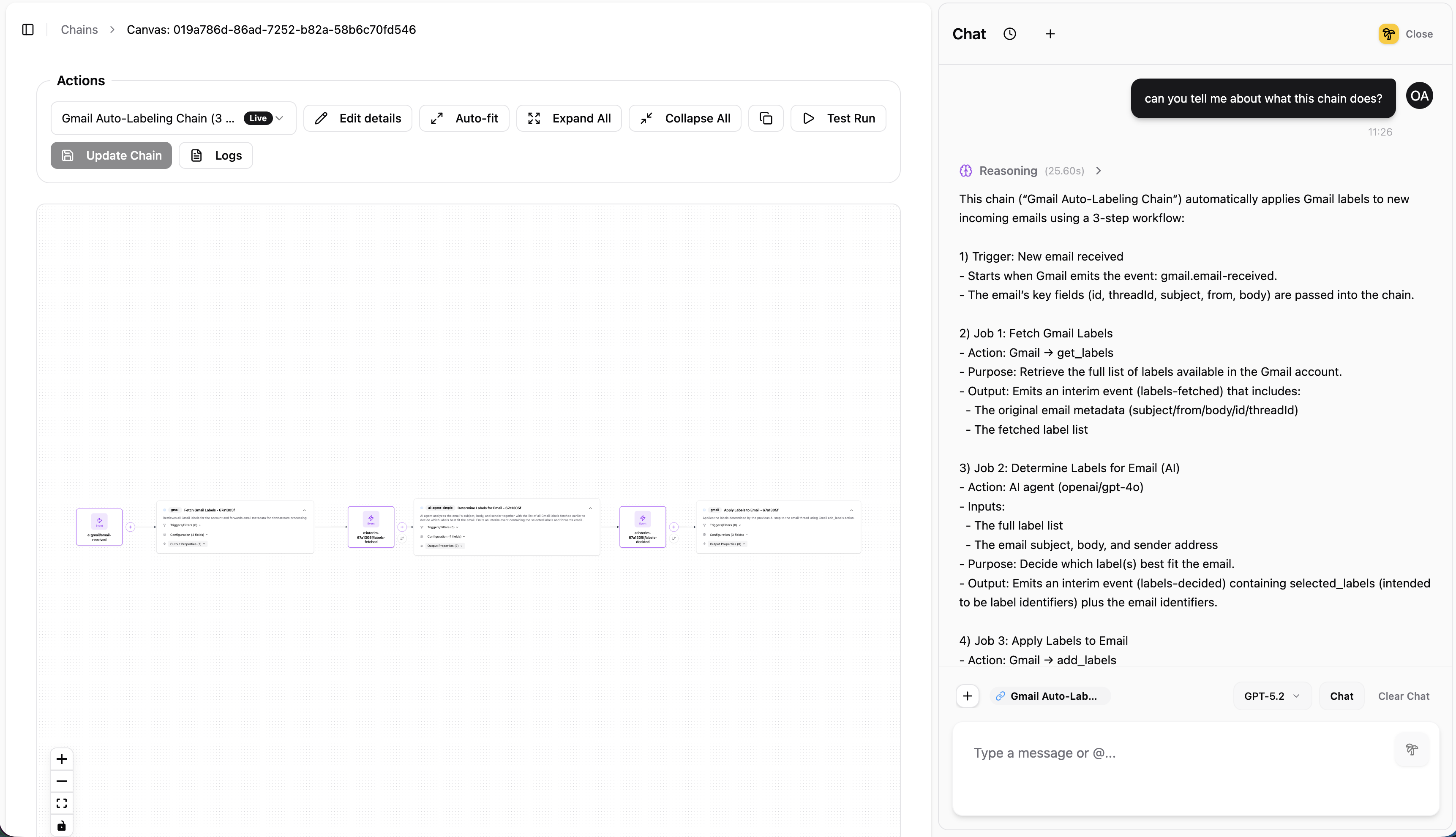 Freeform Chat showing a conversation about an existing Gmail Auto-Labeling Chain with detailed explanation of the 3-step workflow