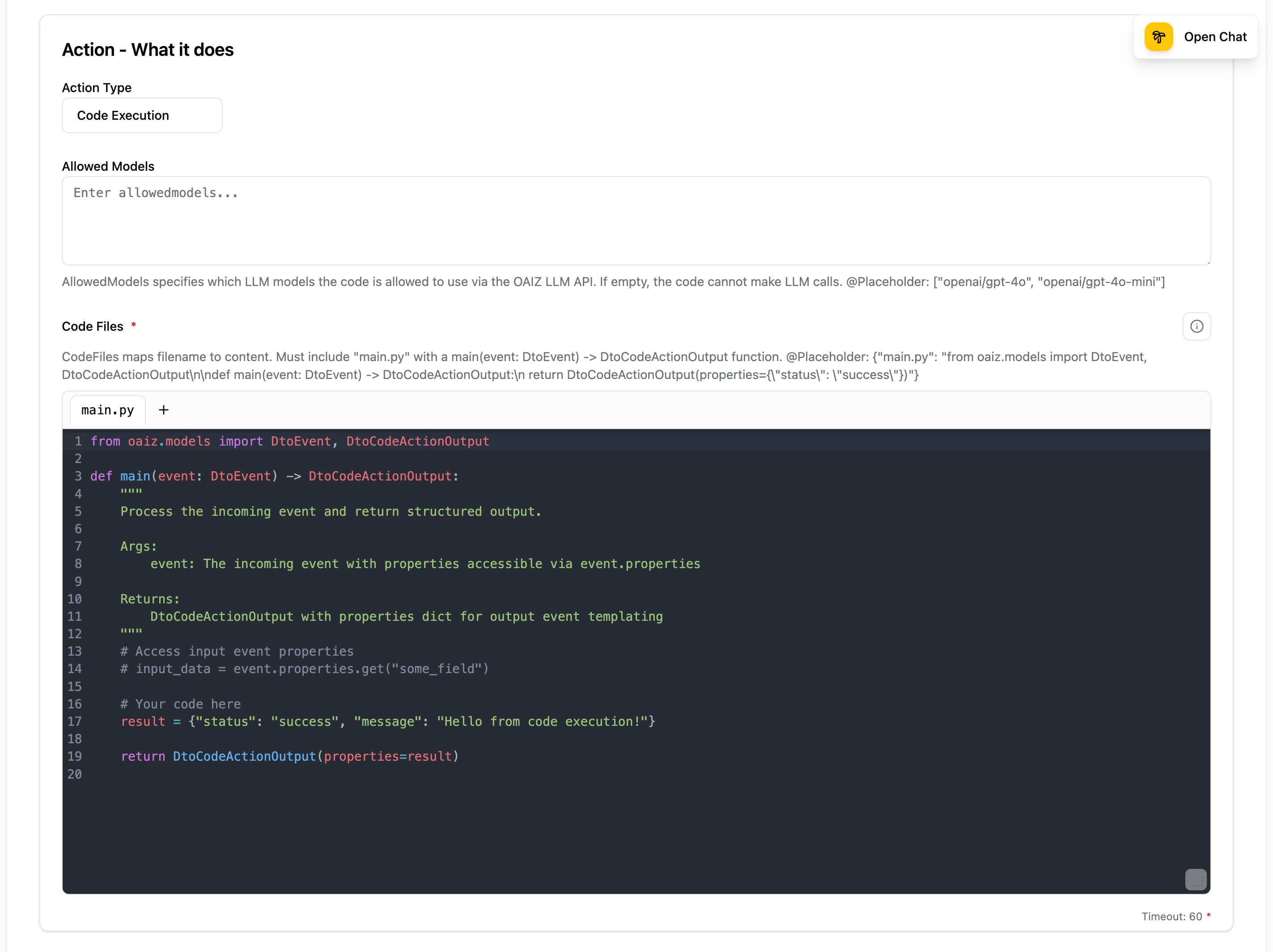 Code Execution action configuration showing Action Type selector, Allowed Models field, Code Files editor with main.py, and the main() function signature