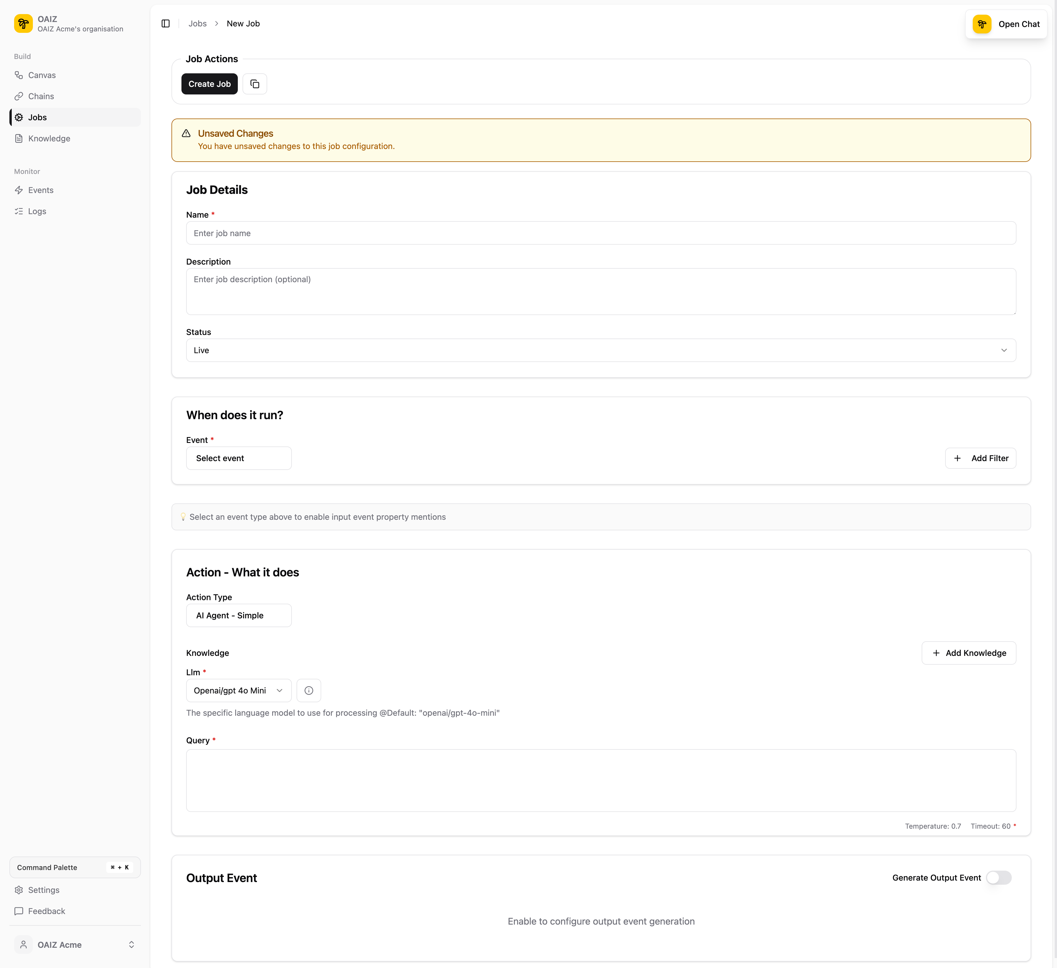 Job builder showing Job Details, When does it run, Action configuration, and Output Event sections