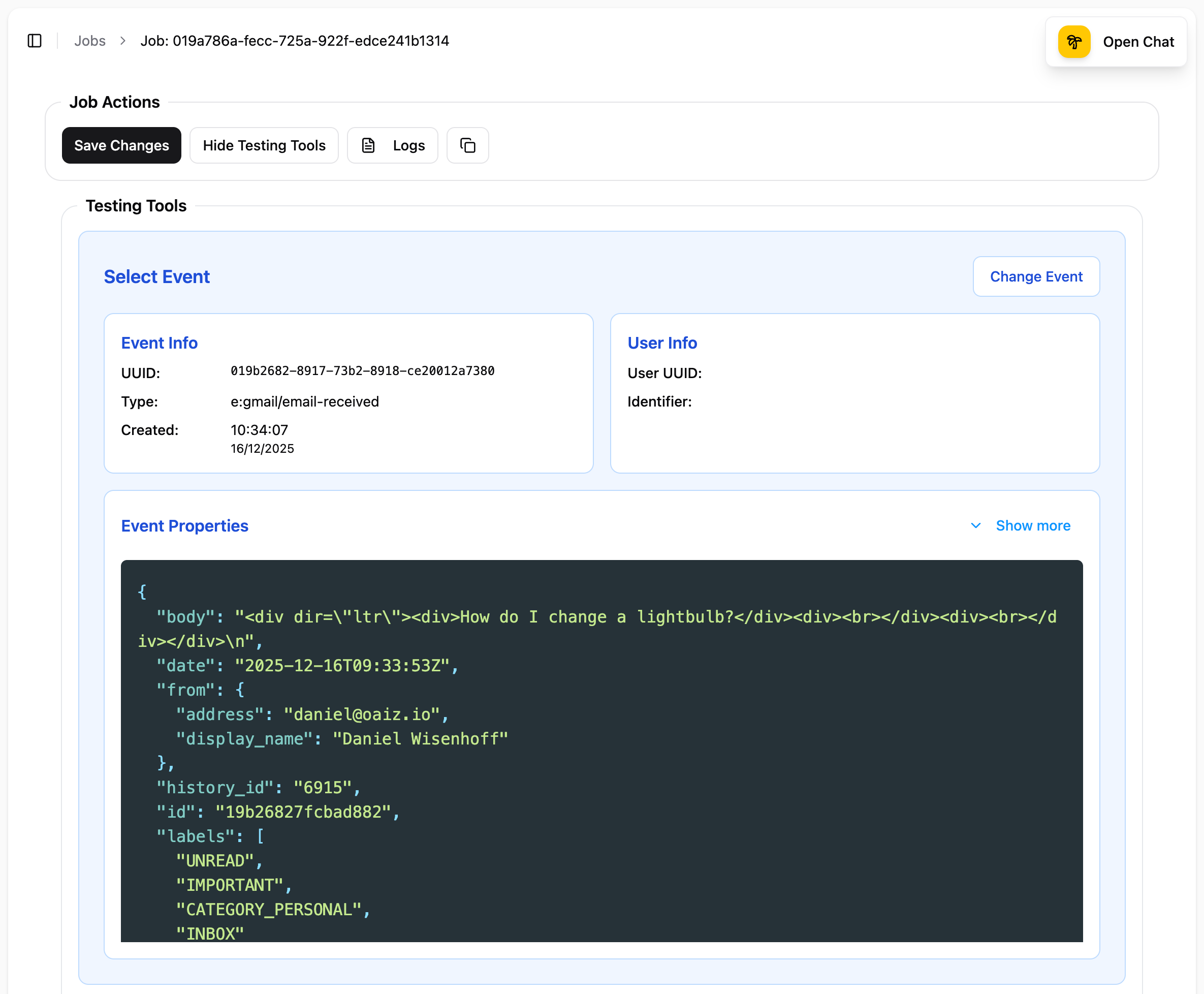Select Event section showing event selection with Event Info (UUID, Type, Created), User Info, and expandable Event Properties JSON