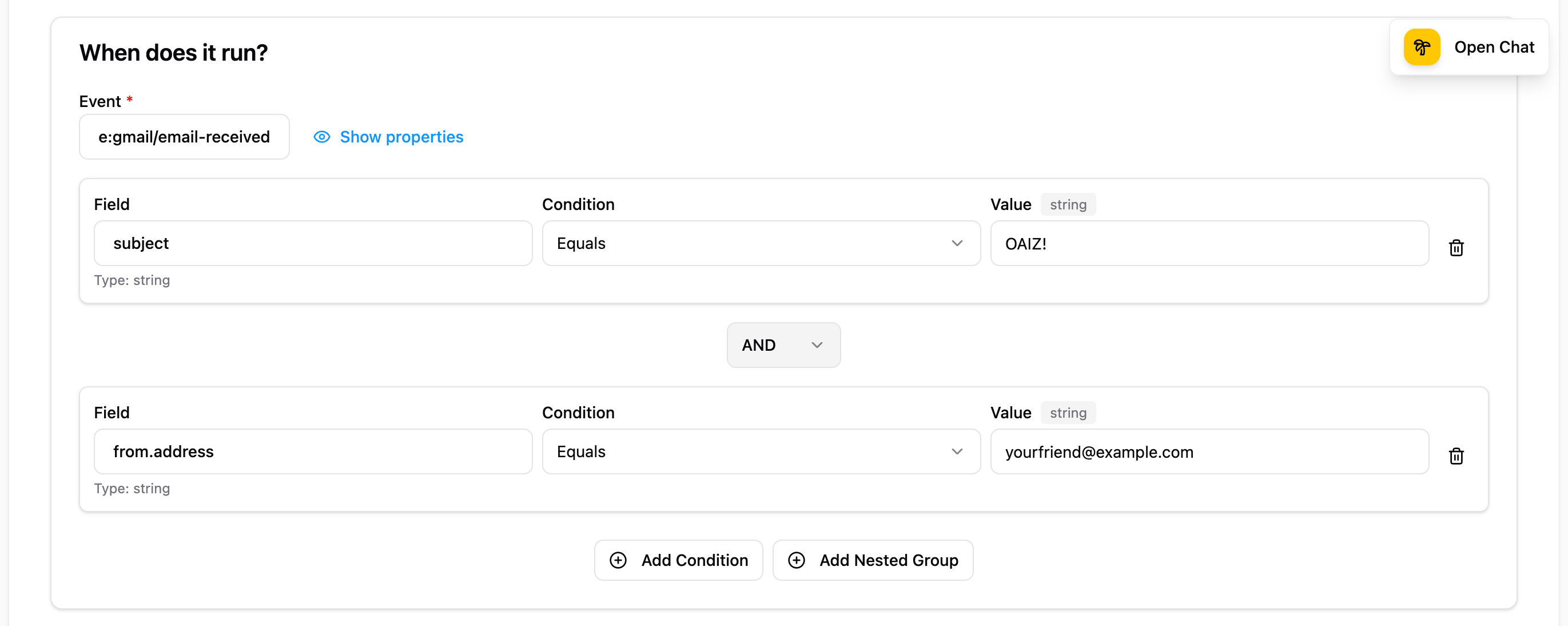 Trigger conditions showing event type selection, Show properties link, and two conditions (subject equals 'OAIZ!' AND from.address equals 'yourfriend@example.com')