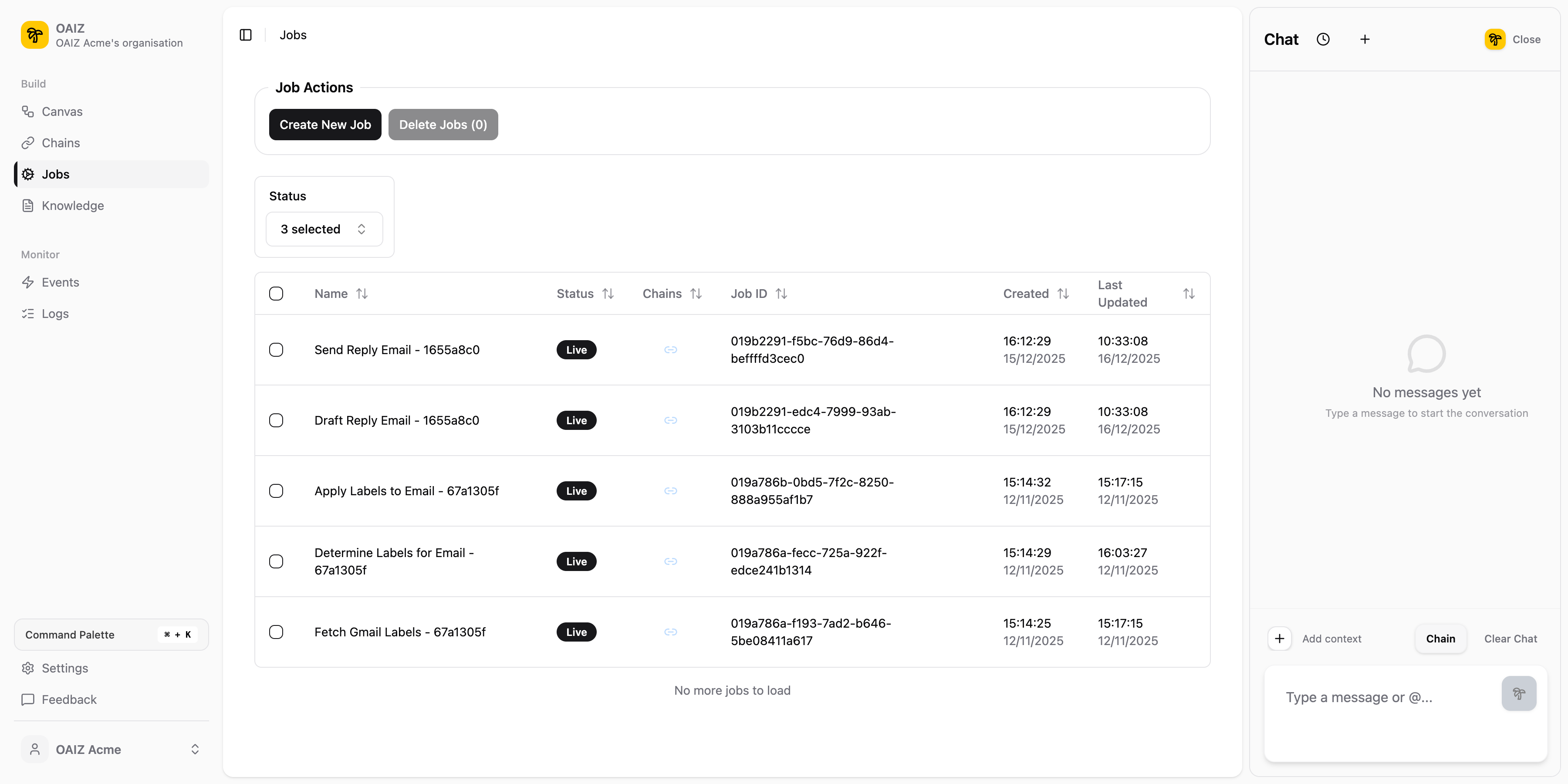 Jobs view showing Job Actions area, status filters, and jobs table