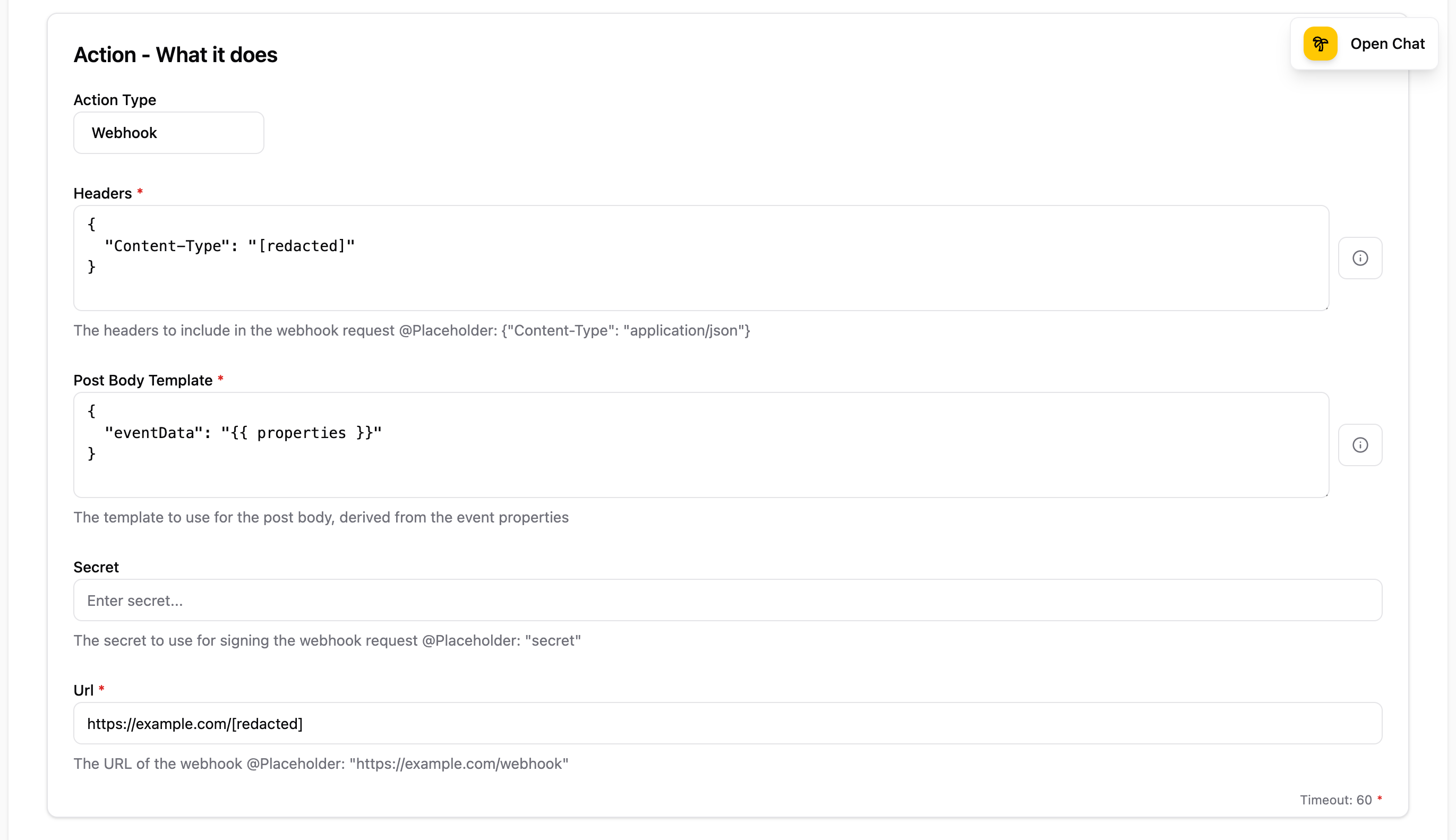 Webhook action configuration showing Action Type selector, Headers JSON, Post Body Template with property references, Secret field, and URL input
