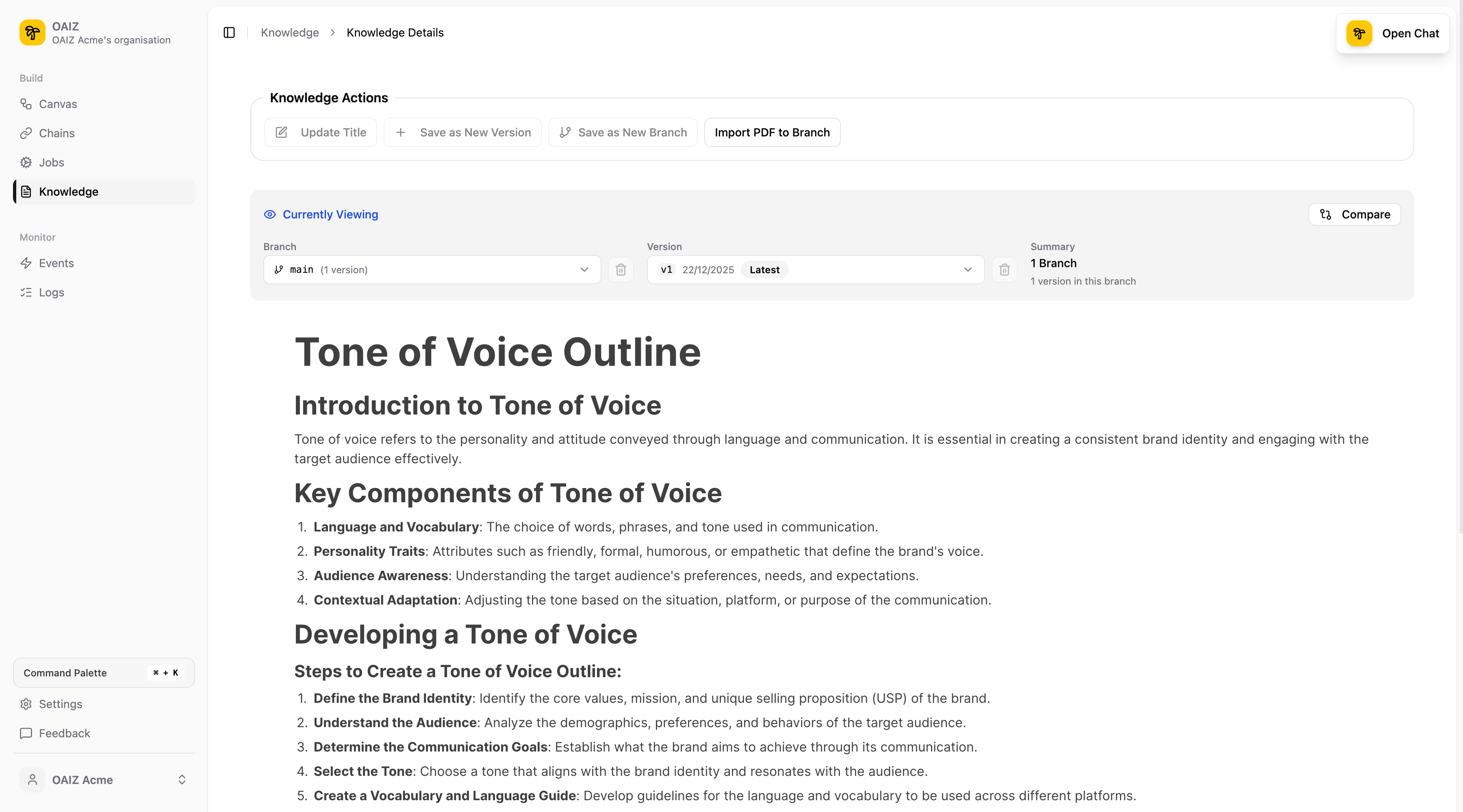 Knowledge Details view showing the full document editor with action bar, version control, and rich text content