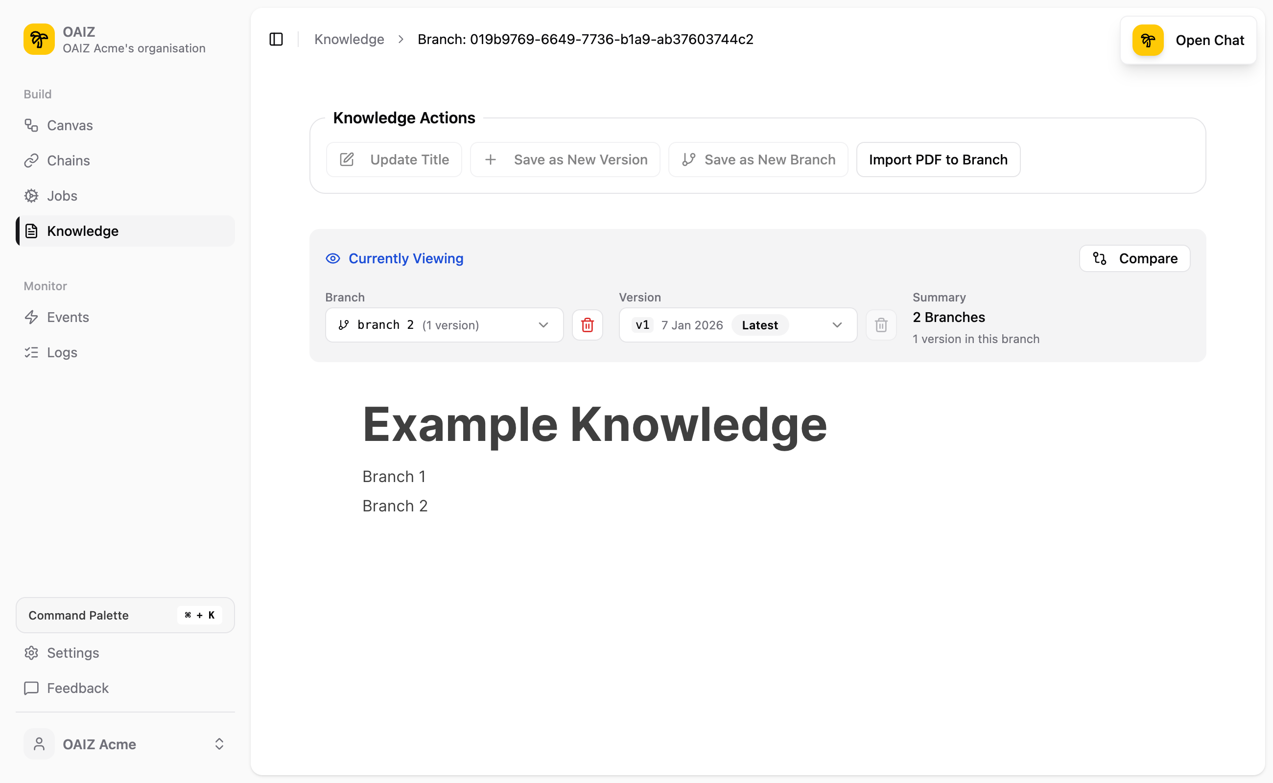 Knowledge editor showing branch 2 selected with Compare button visible