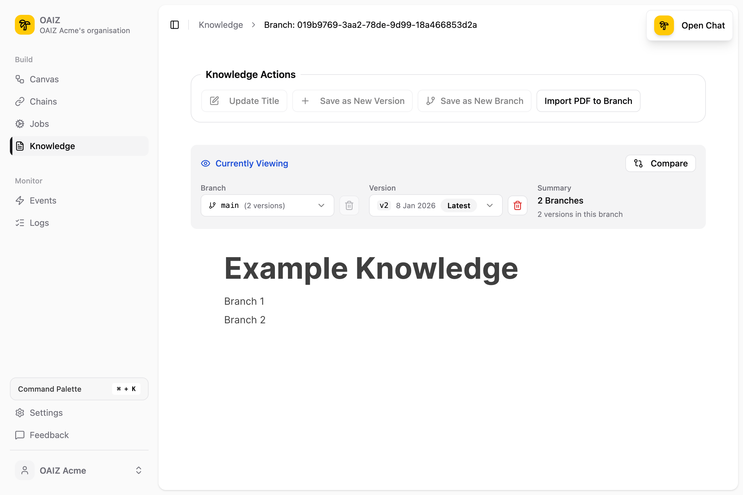 Knowledge editor showing main branch after merge with v2 containing merged content