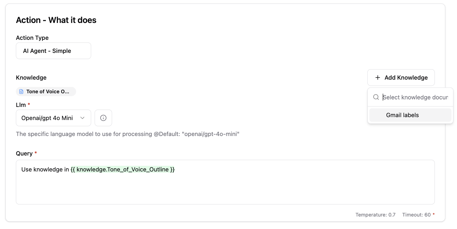Query field showing knowledge document referenced using @knowledge.Tone_of_Voice_Outline syntax with Add Knowledge dropdown