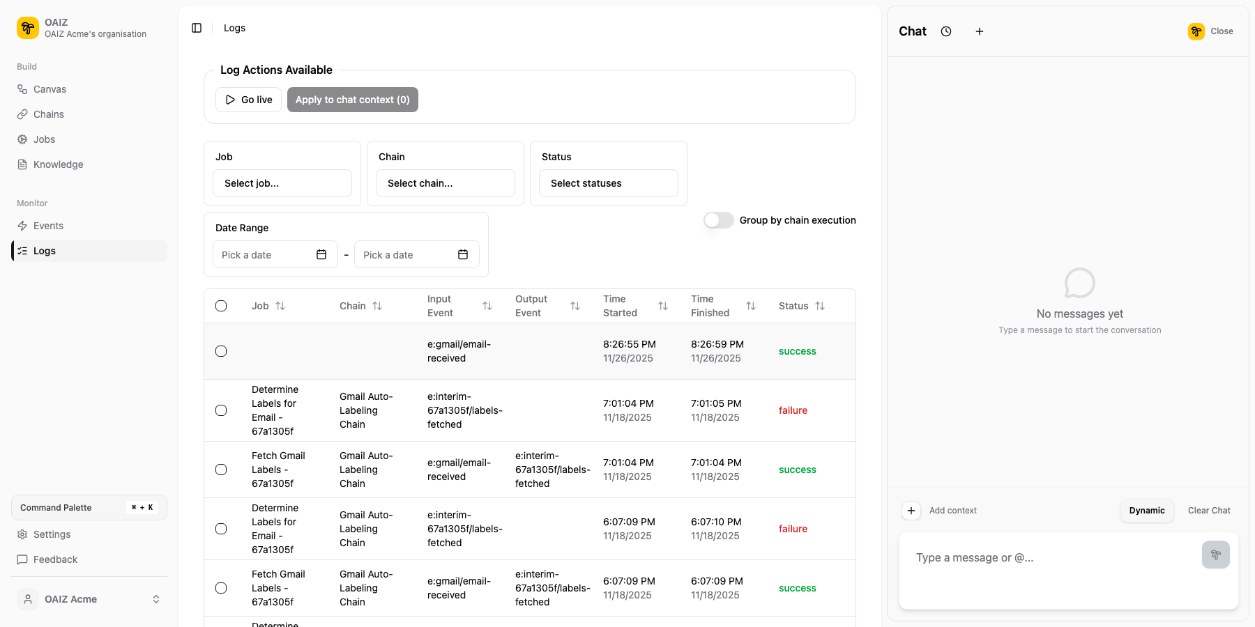 Logs view showing Log Actions with Go Live and Apply to Chat, filters, and logs table